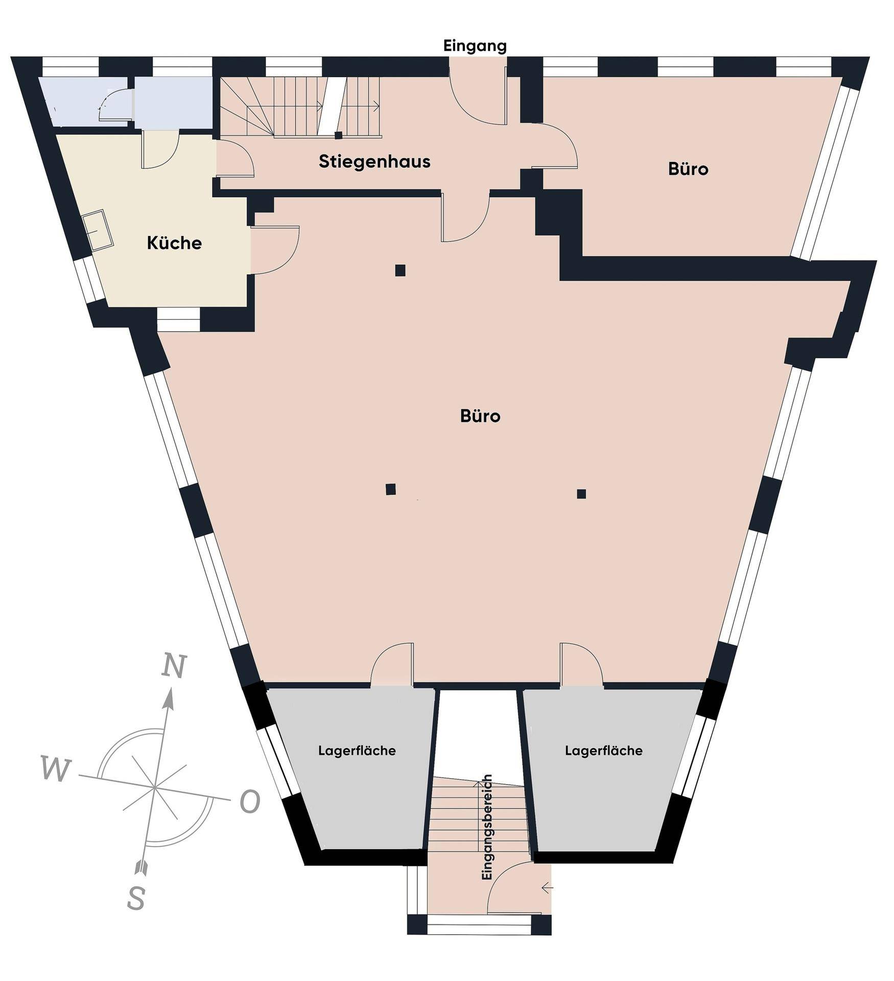 Grundriss des Erdgeschosses mit Eingang, Treppenhaus, Küche und mehreren Büroräumen.