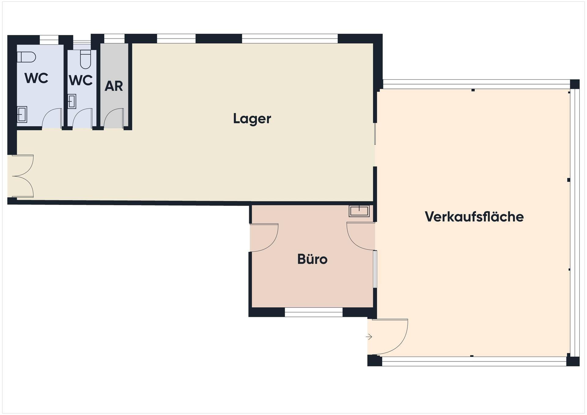 Grundriss zeigt eine Verkaufsfläche, ein Büro, ein Lager und zwei Toiletten.