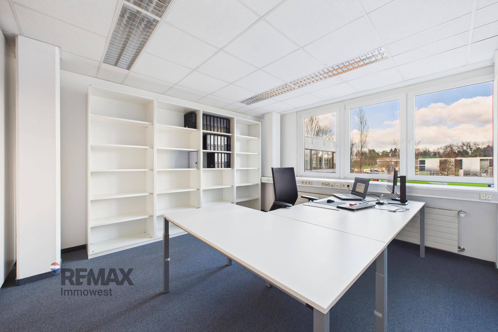 Helles Büro mit großem Schreibtisch und eingebauten weißen Regalen an der Wand.