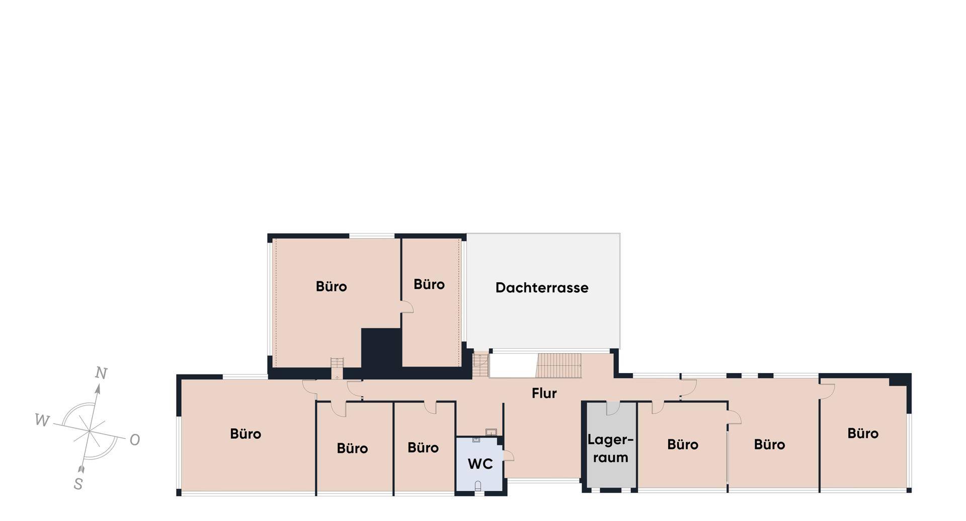 Grundriss des Obergeschosses mit Büros, Lagerraum, Flur, WC und einer großzügigen Dachterrasse.