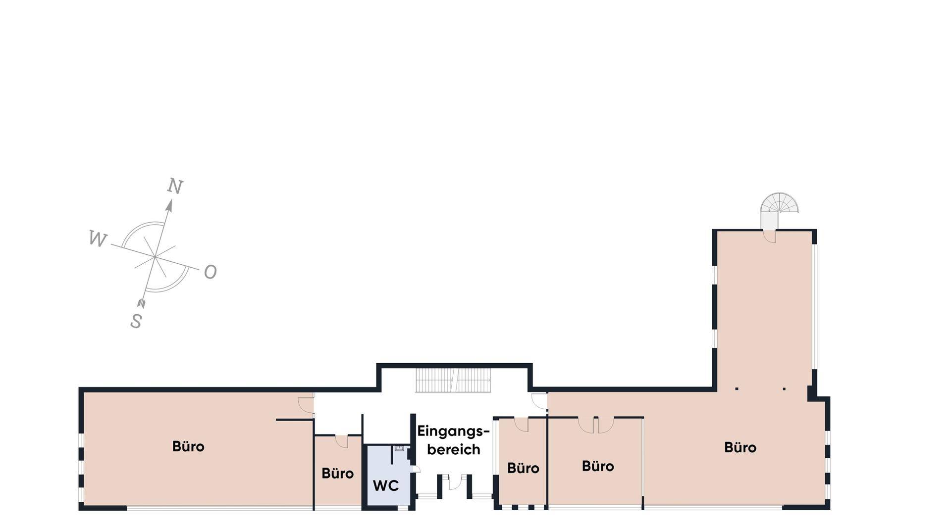 Grundriss des Erdgeschosses mit mehreren Büroräumen, einem Eingangsbereich und einer Toilette.