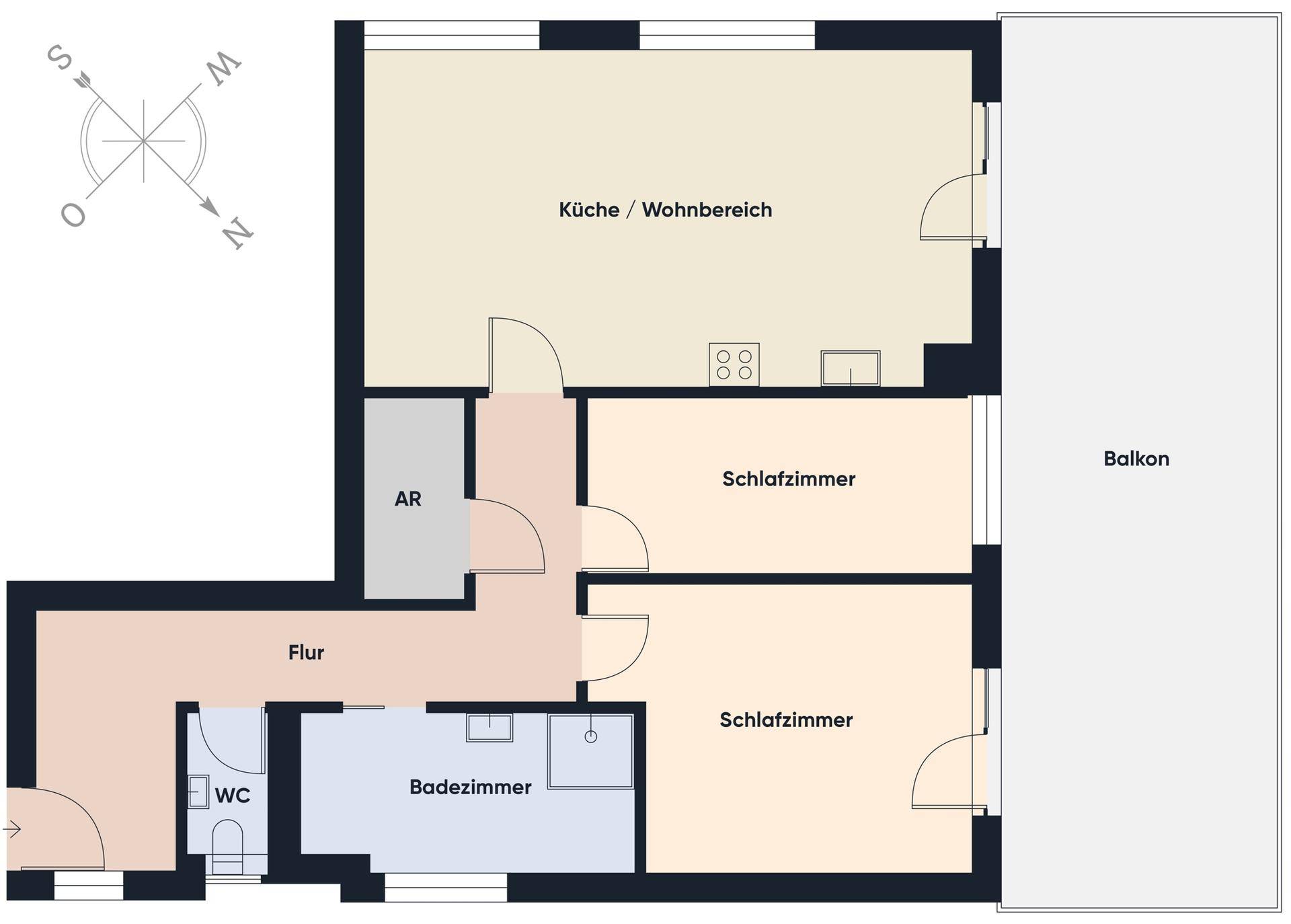 Grundriss einer Wohnung mit Küche, Wohnbereich, zwei Schlafzimmern und Balkon.