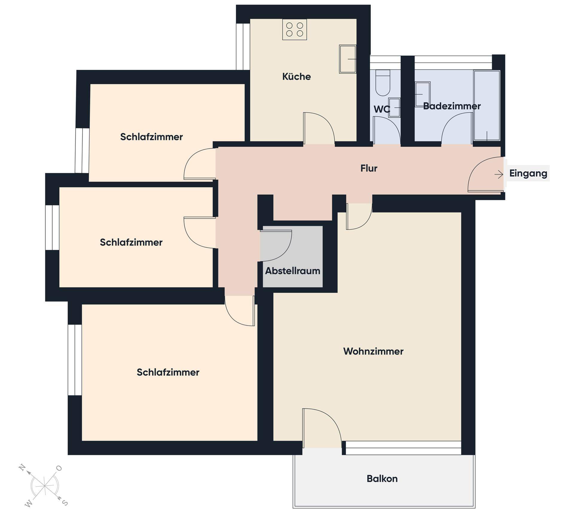 Grundriss einer Wohnung mit drei Schlafzimmern, Wohnzimmer, Küche und Balkon.