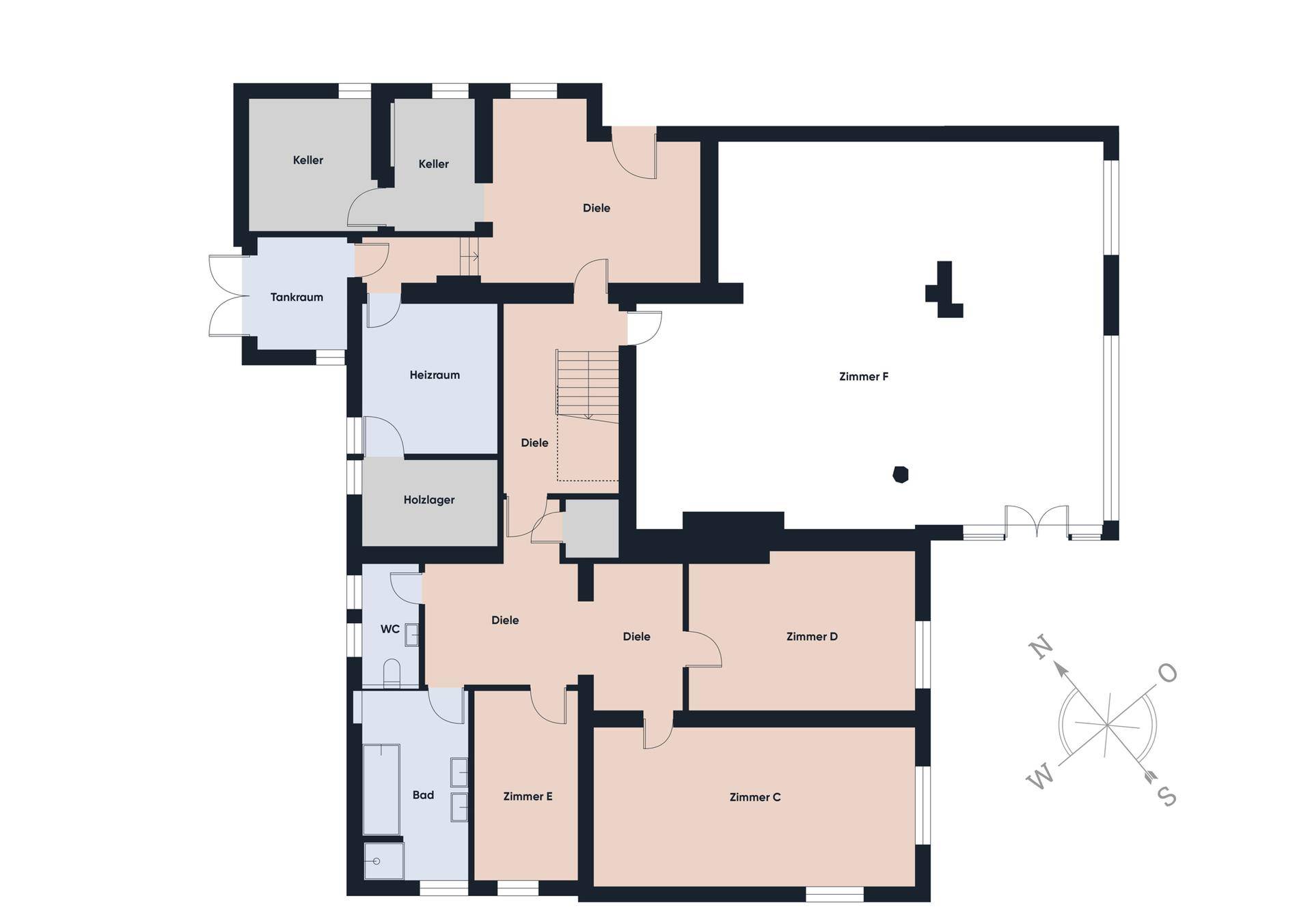 Grundriss des Untergeschosses mit Kellerräumen, Heizraum, Holzlager und einem Badezimmer.