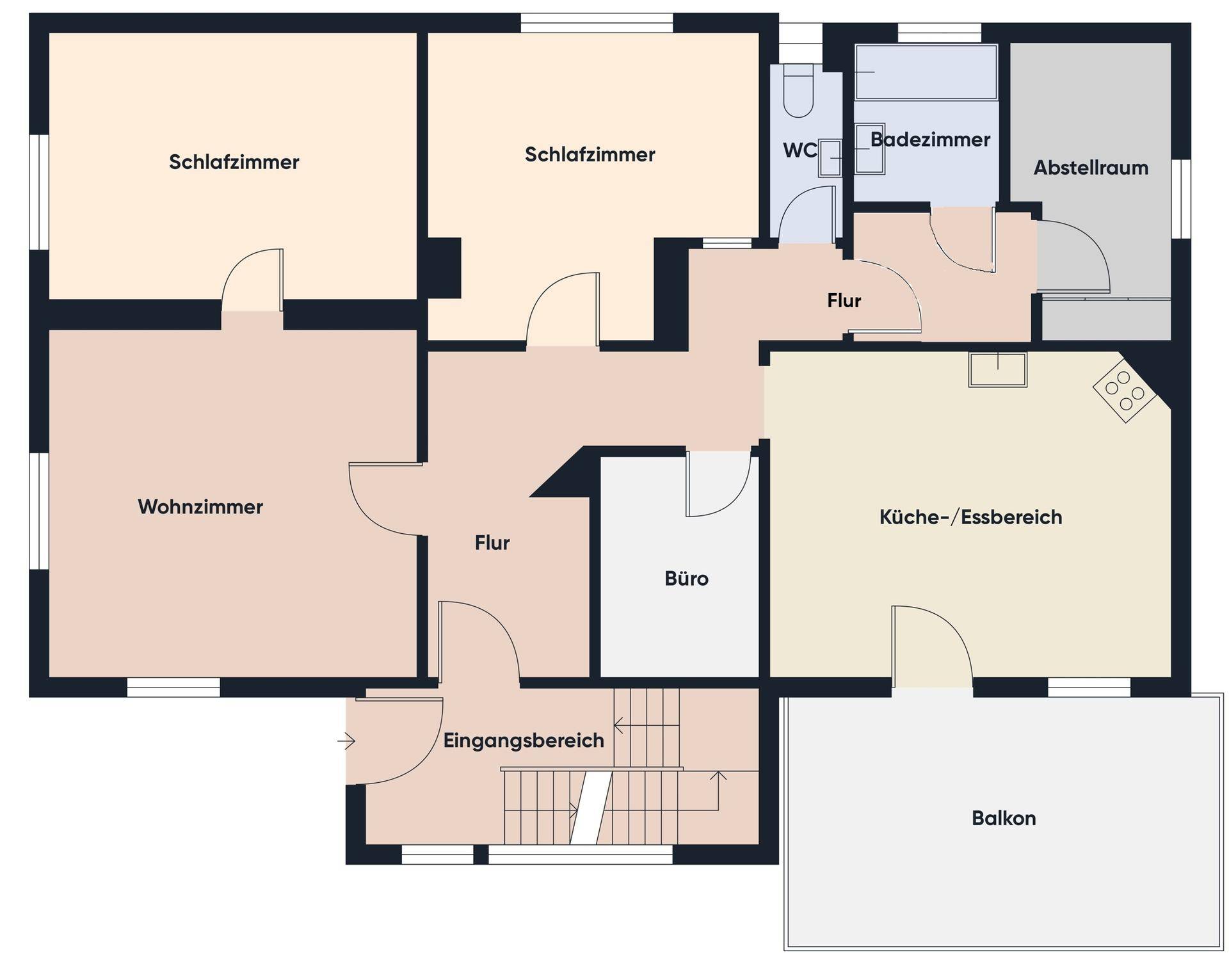 Grundriss des Erdgeschosses mit Wohnzimmer, Küche, Essbereich, Schlafzimmern und Balkon.