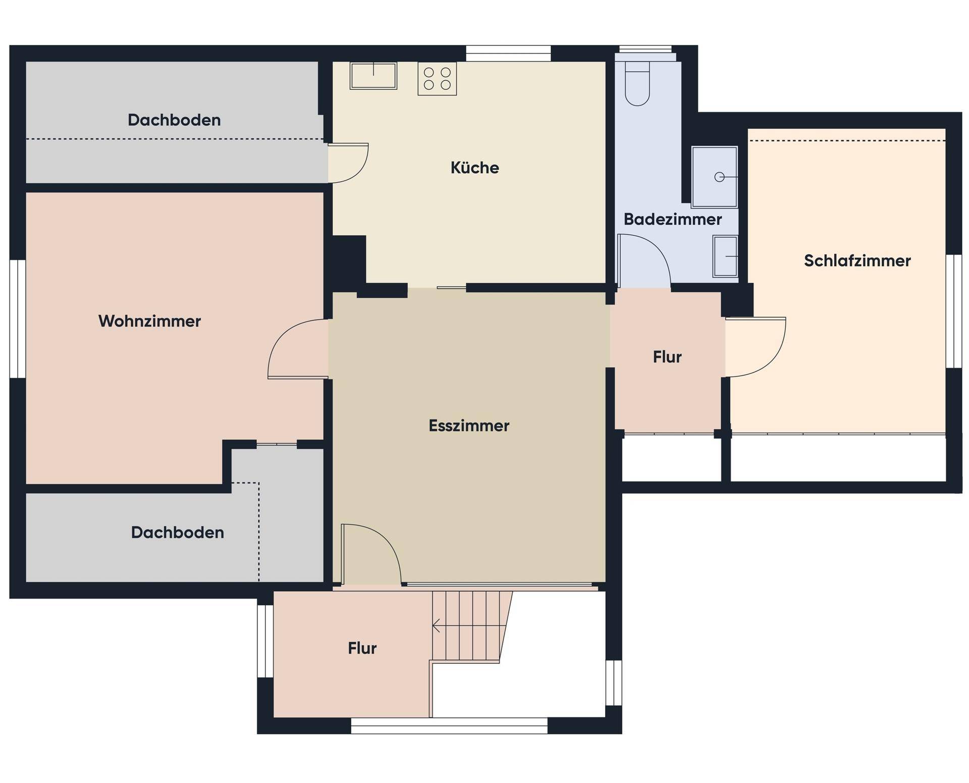 Grundriss des Obergeschosses mit Wohnzimmer, Küche, Esszimmer, Schlafzimmer und Bad.