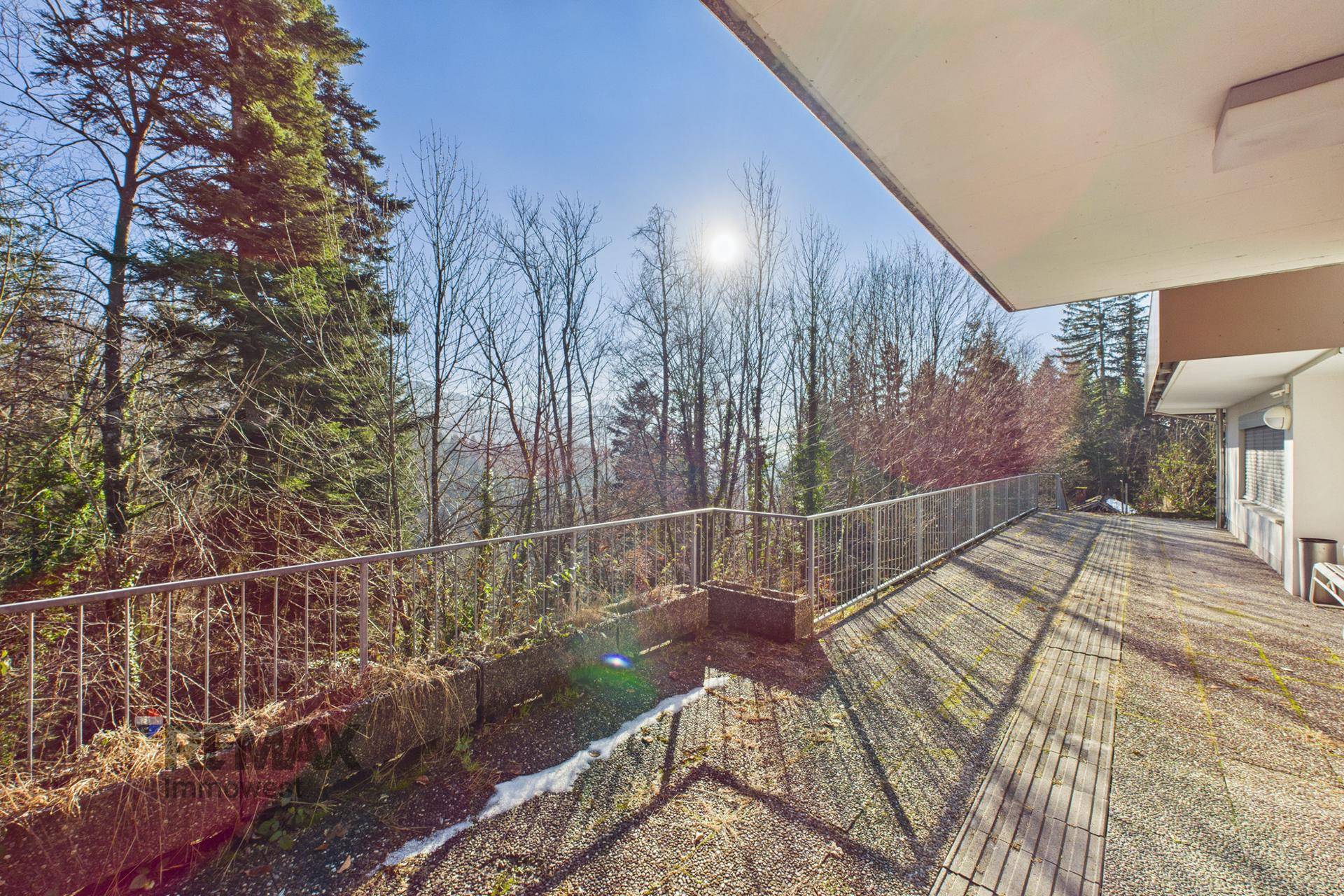 Weitläufige Terrasse mit Metallgeländer und Blick auf die umliegende bewaldete Landschaft unter strahlendem Sonnenschein.