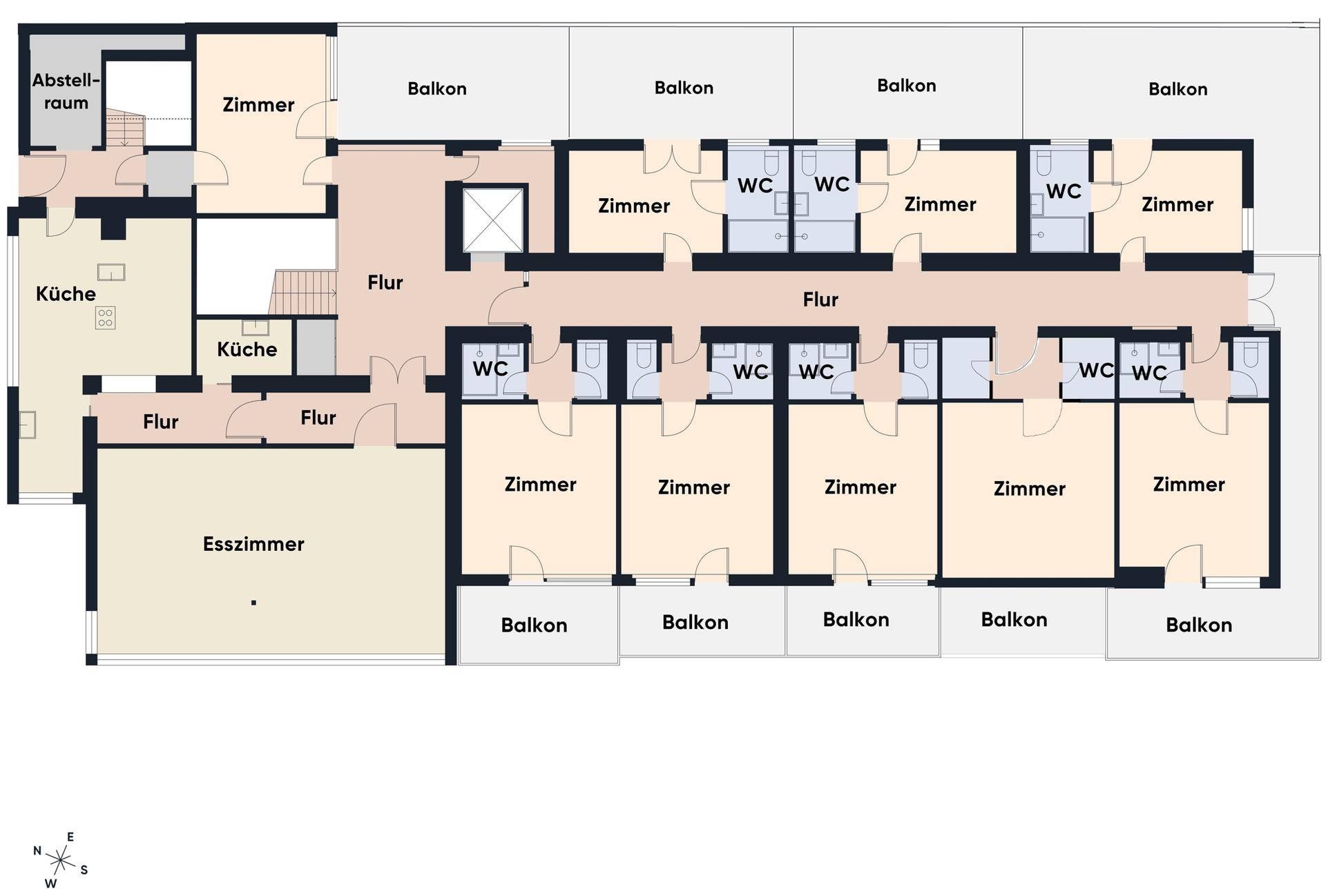 Grundriss eines Obergeschosses mit mehreren Zimmern, Balkonen, WCs, Küche und einem Esszimmer.