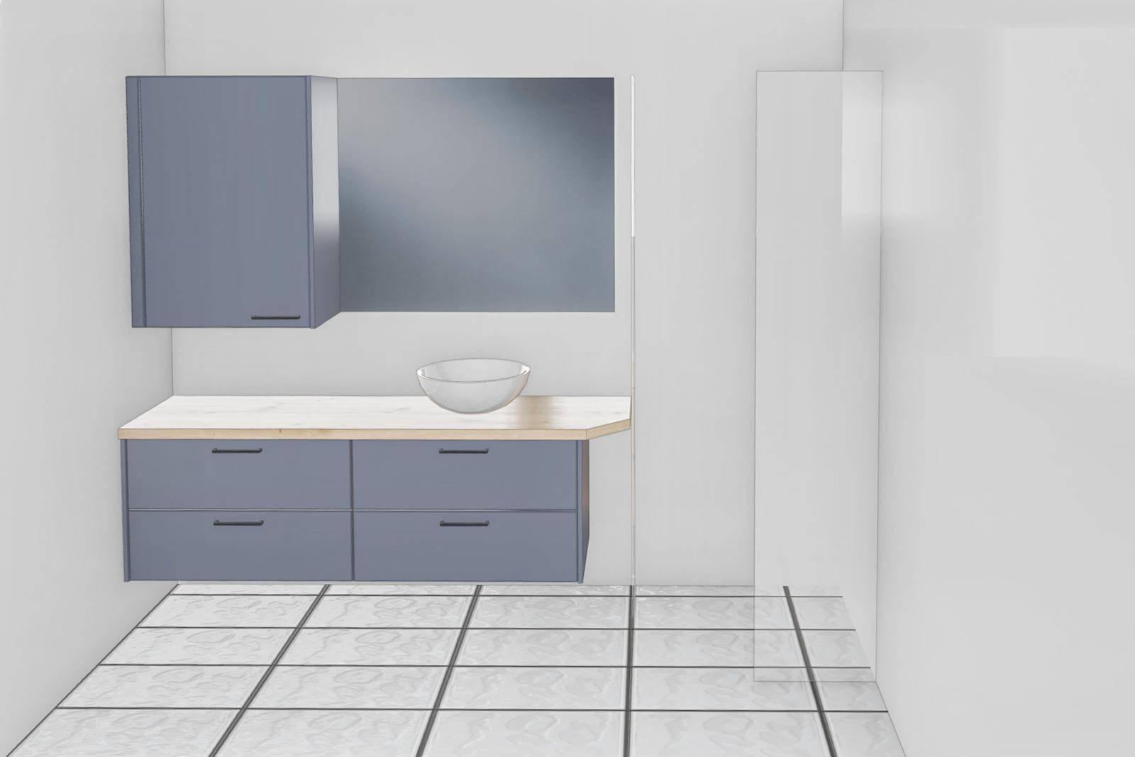 Modernes Badezimmer mit Einzelwaschbecken, Spiegelschrank und hellen Fliesen.