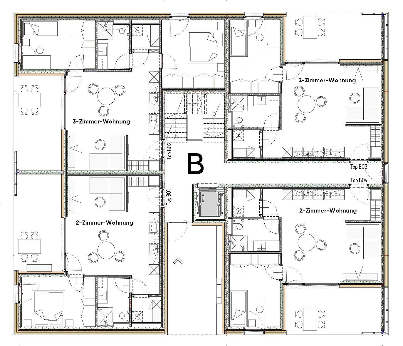 Grundrissplan eines Stockwerks mit mehreren Wohnungen und zentralem Treppenhaus.