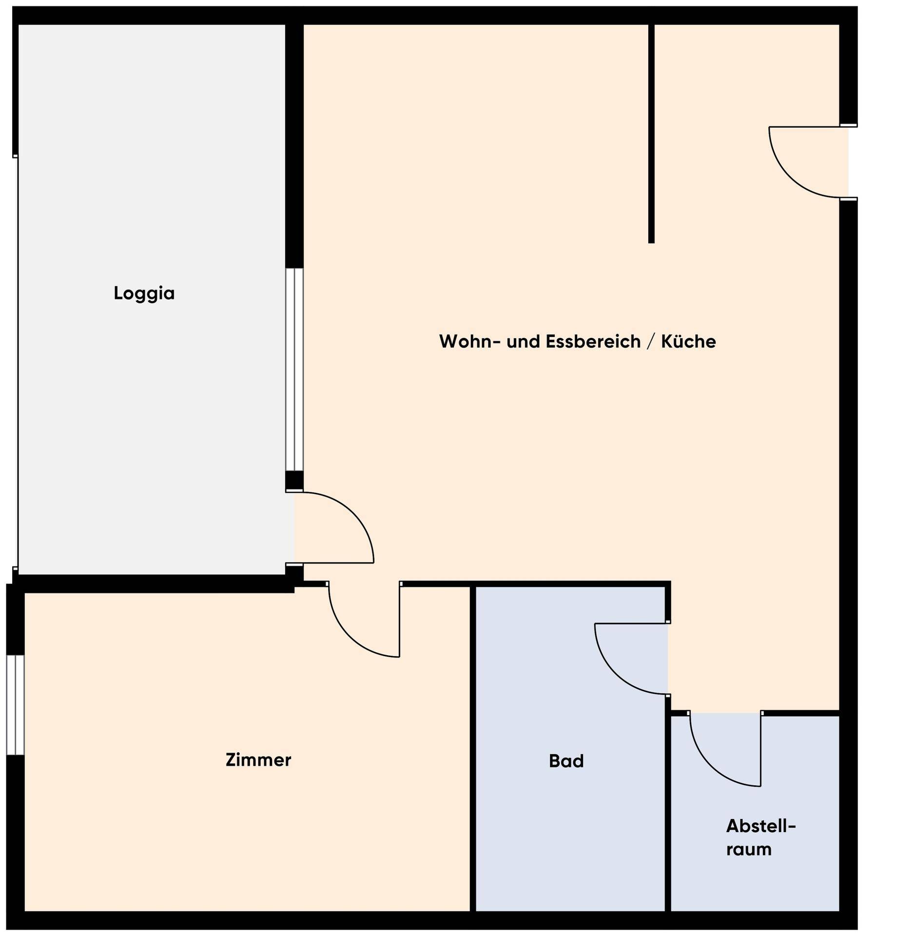 Vereinfachter Grundriss einer Wohnung mit Loggia, Wohn-Essbereich und separatem Zimmer.
