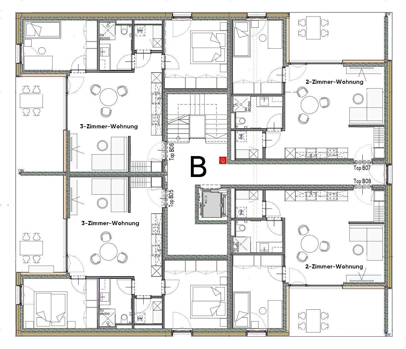 Grundrissplan eines Stockwerks mit verschiedenen Wohnungstypen und Zugang zum Aufzug.