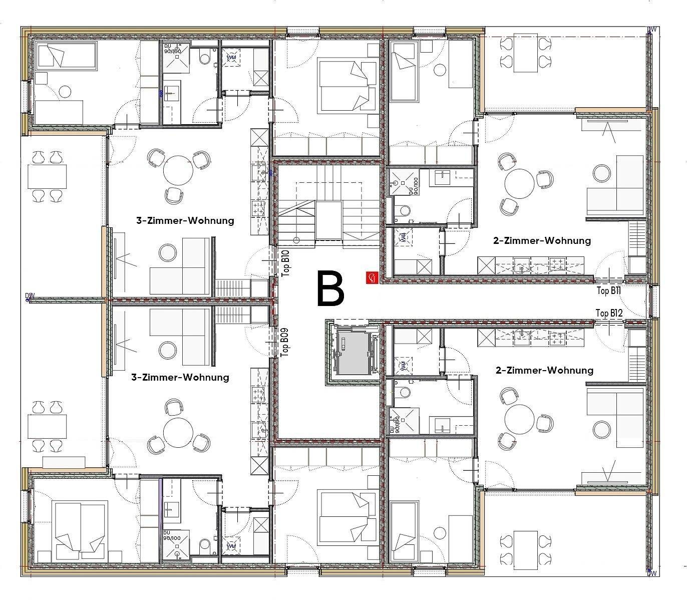 Grundrissplan eines Stockwerks mit mehreren Wohneinheiten und gemeinschaftlichem Treppenhaus.