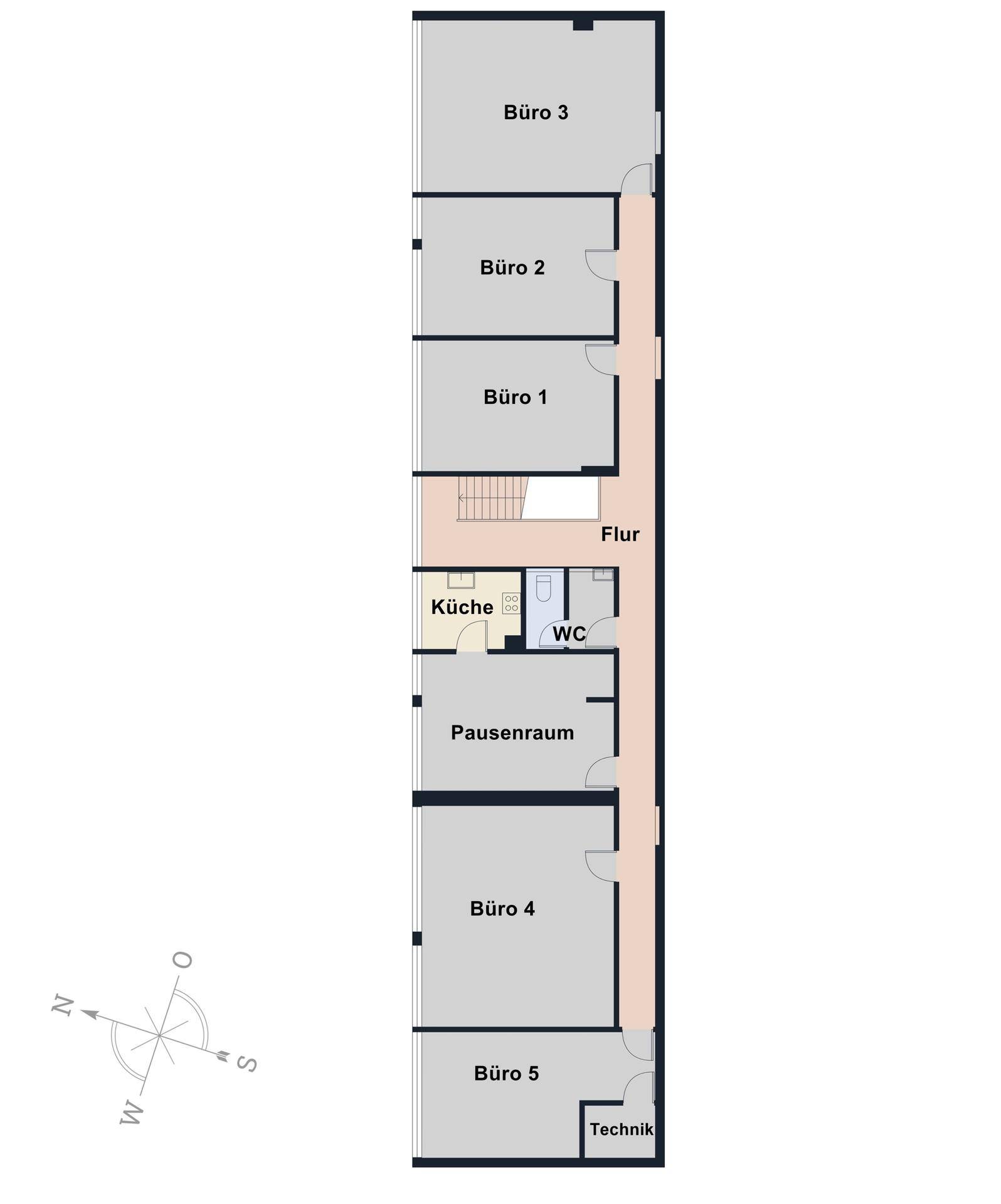 Grundrissplan einer Etage mit mehreren Büros, Küche, WC und Pausenraum, inklusive Technikbereich.