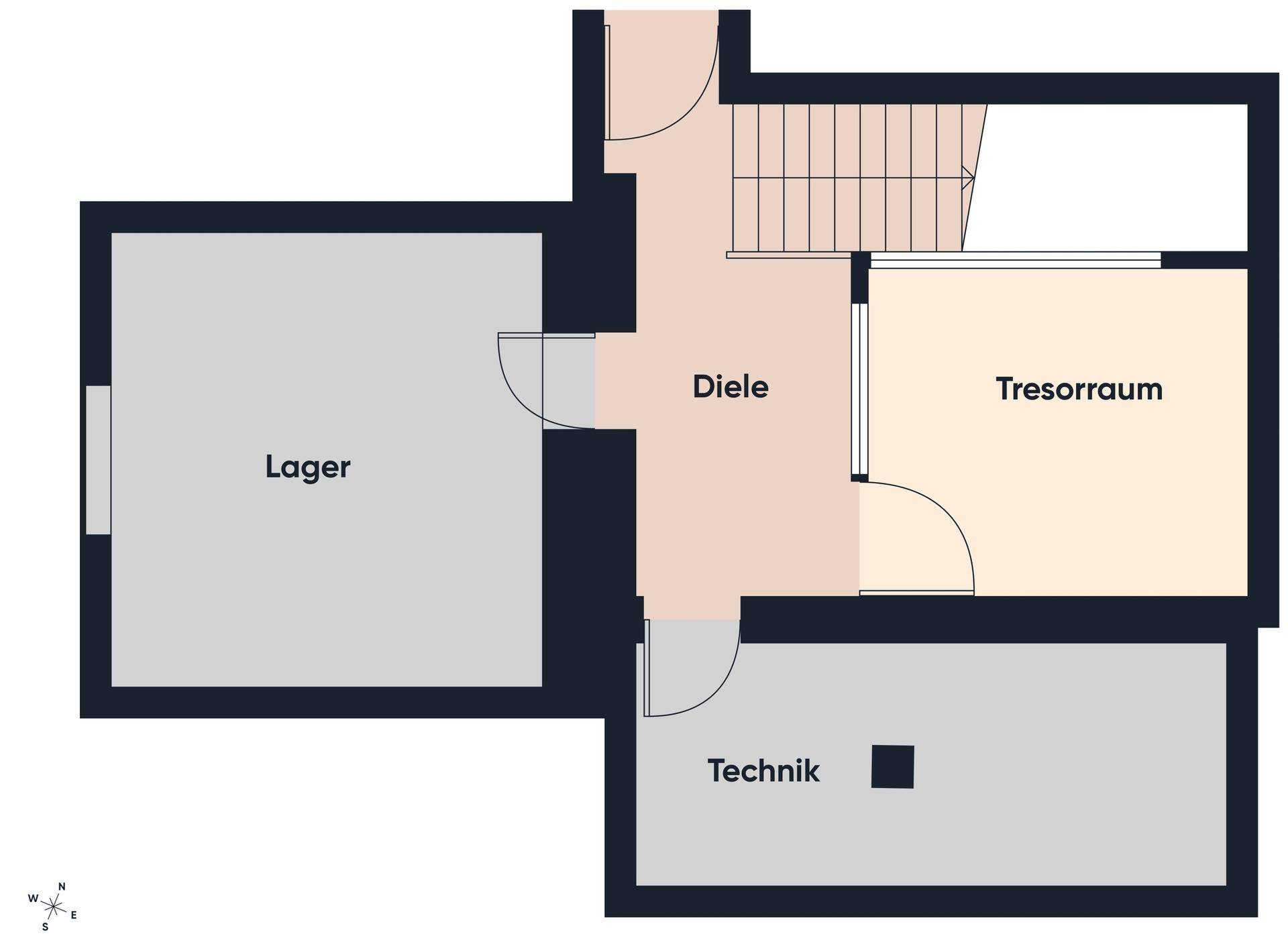 Grundriss des Untergeschosses mit Lagerraum, Diele, Tresorraum und Technikbereich.