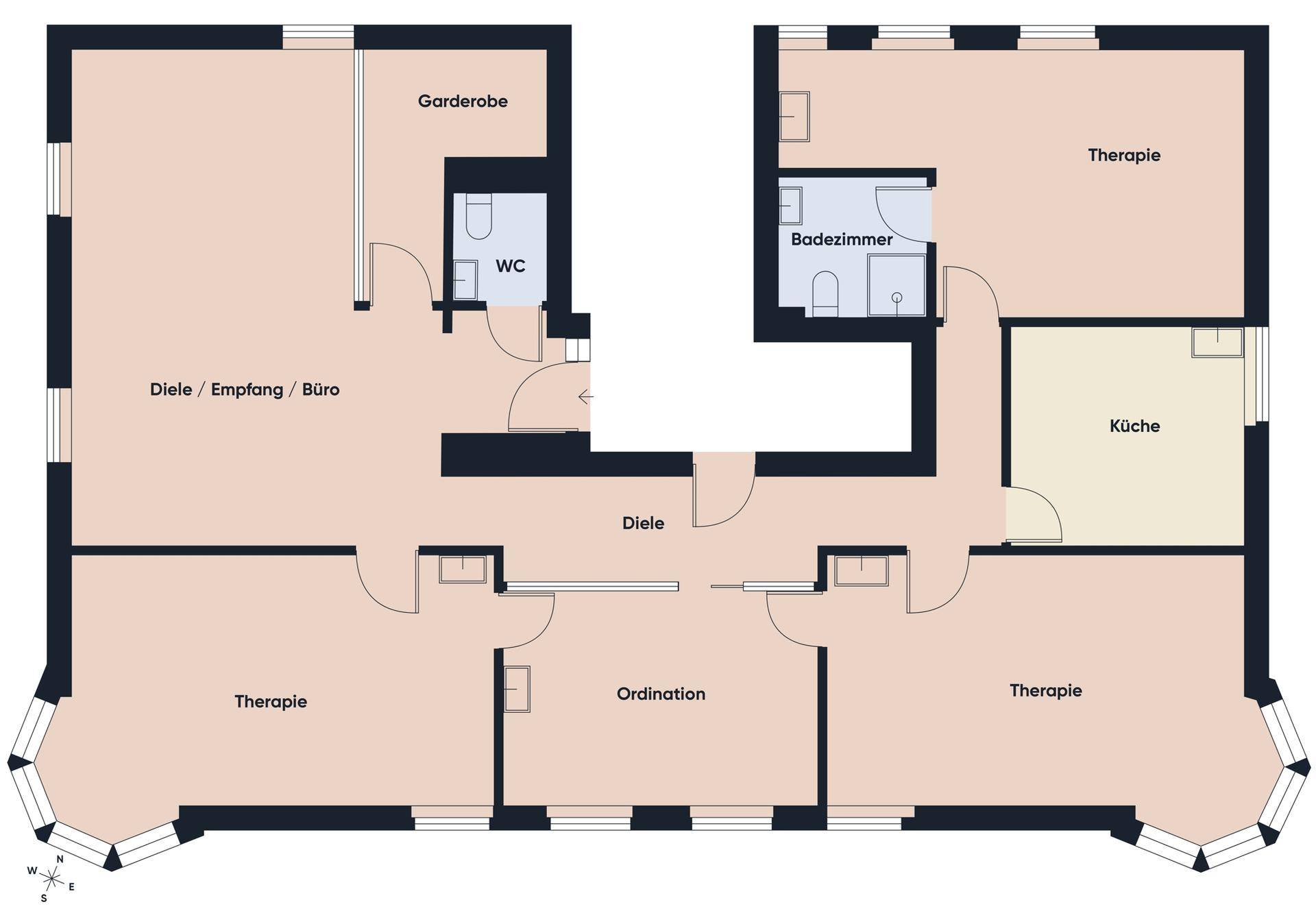 Detaillierter Grundriss der Etage mit verschiedenen Therapieräumen, Empfang und Sanitärbereichen.