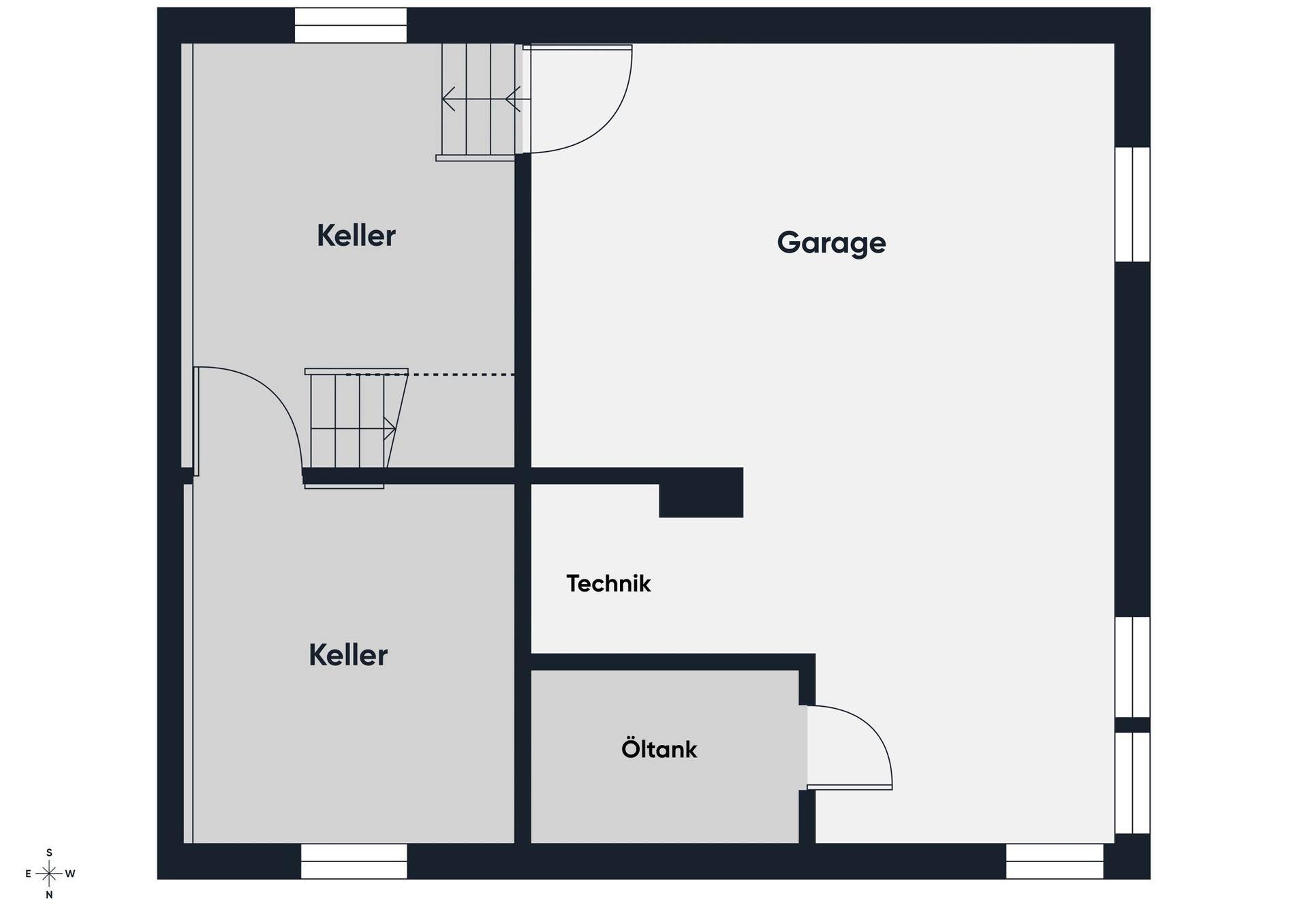 Grundriss des Untergeschosses mit Kellerbereichen, Garage und Technikraum für den Öltank.