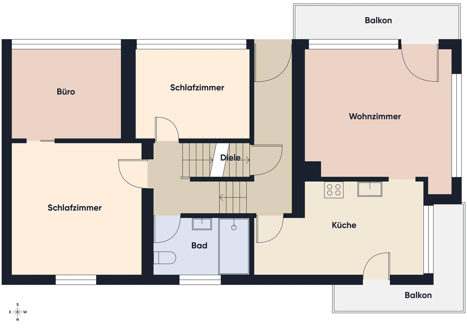 Grundriss des Obergeschosses mit Schlafzimmern, Büro, Bad, Küche und zwei Balkonen.