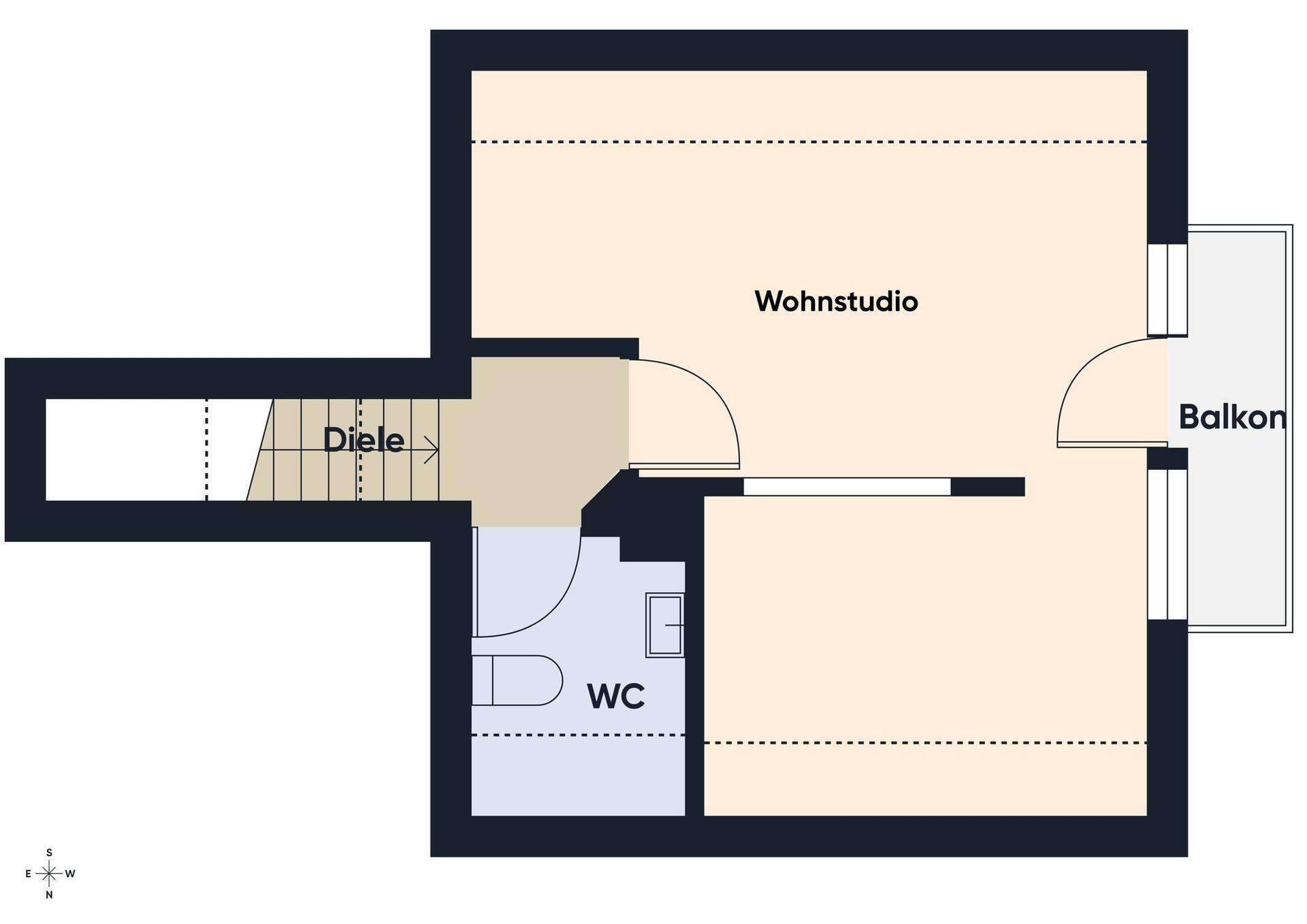 Grundriss des Dachgeschosses mit Wohnstudio, separatem WC und Zugang zu einem Balkon.