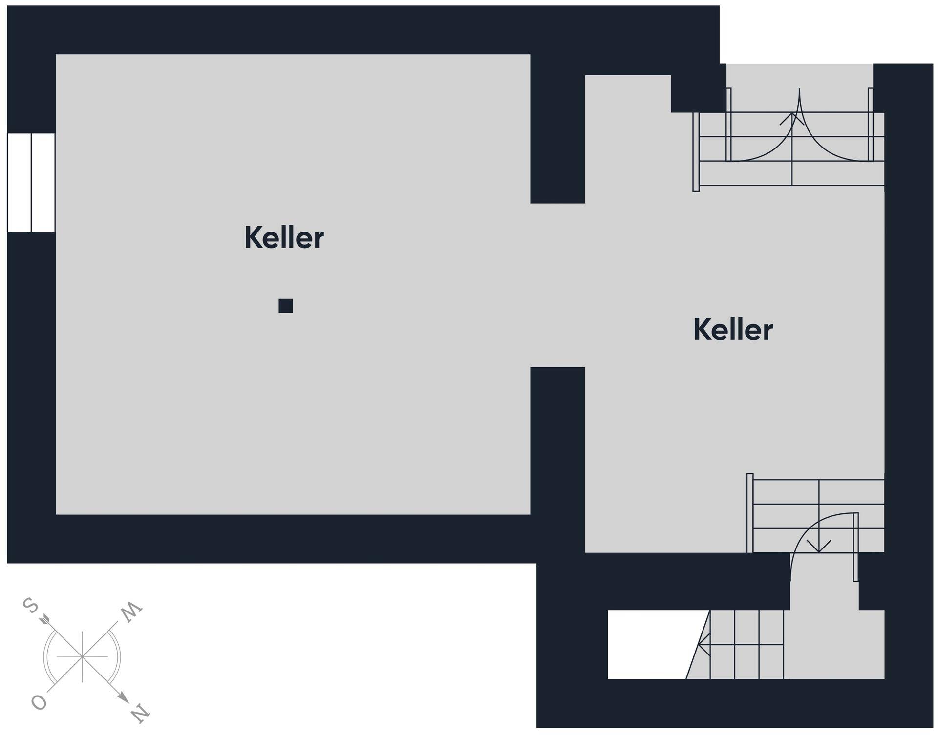 Grundriss des Kellergeschosses mit zwei separaten Kellerräumen, ideal für Lagerzwecke.