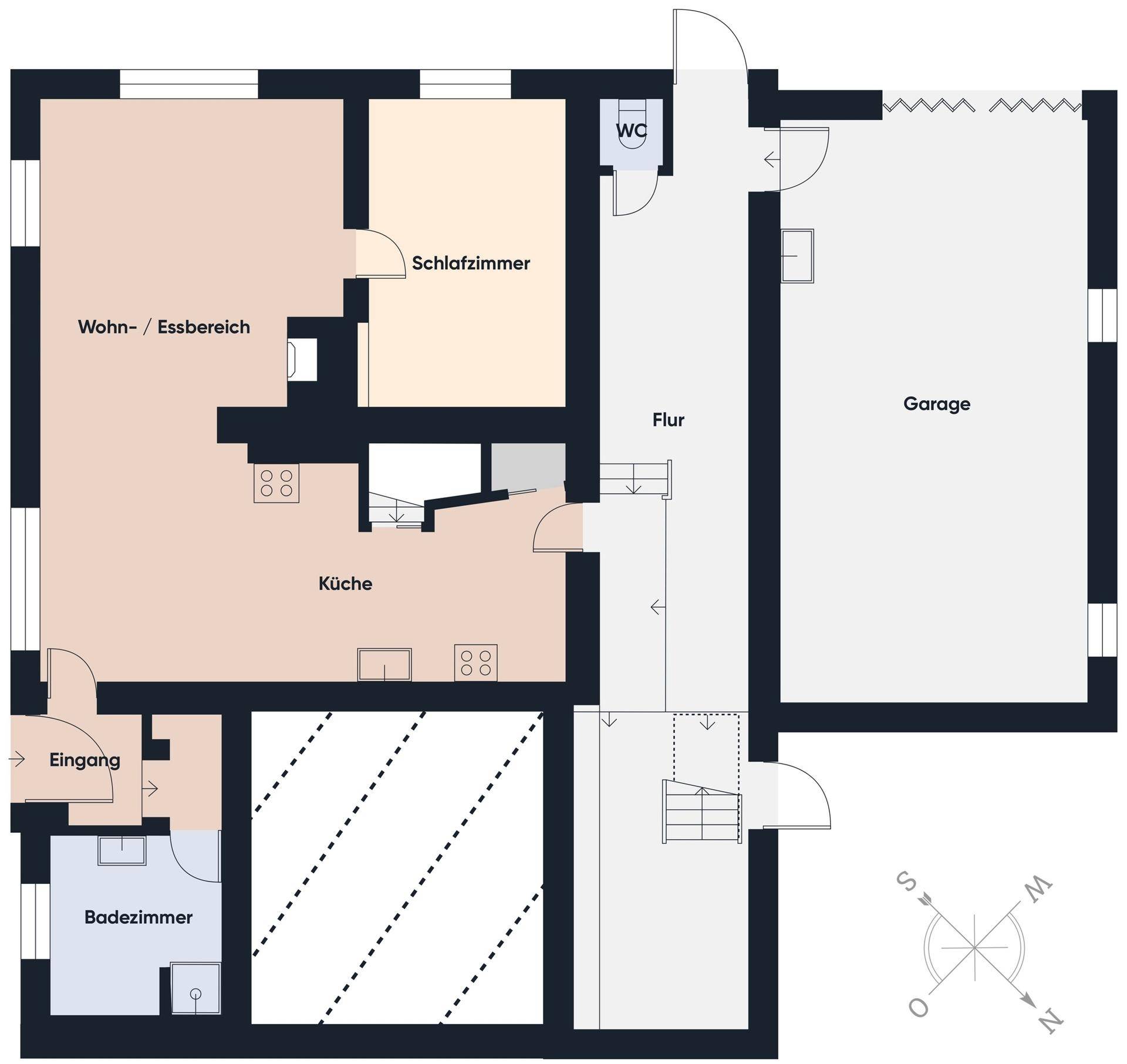Grundriss des Erdgeschosses mit offenem Wohn-Essbereich, Küche, Schlafzimmer, Bad, WC und Garage.