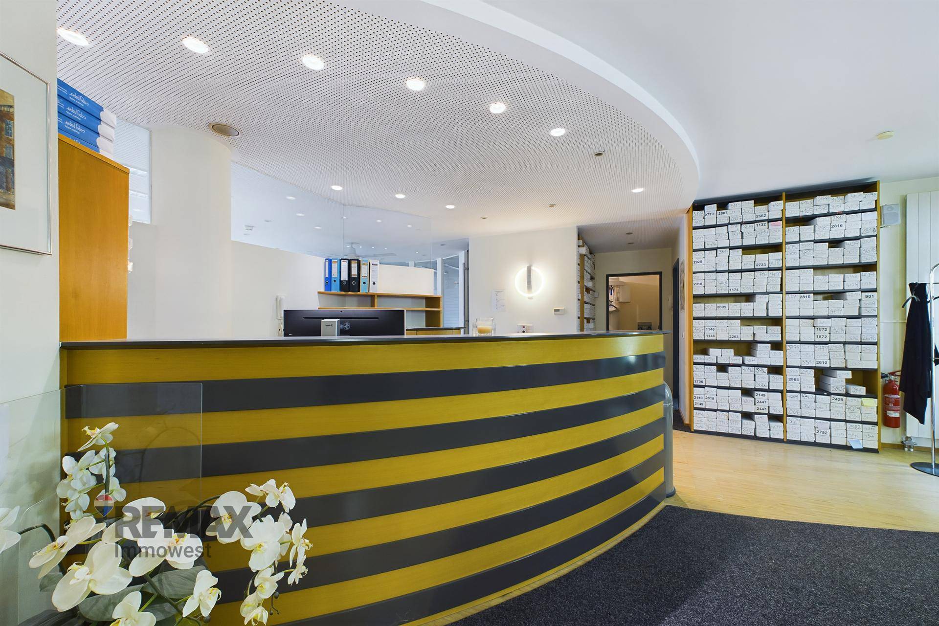 Auffälliger Empfangstresen mit gelb-schwarzem Streifenmuster und praktischen Archivregalen im Hintergrund.