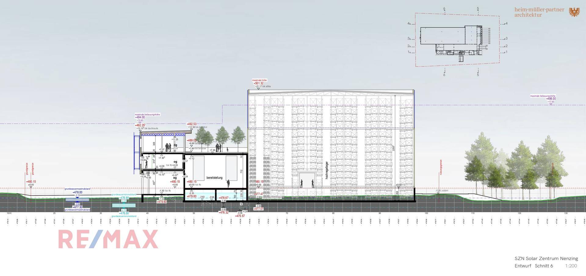 Architektonischer Schnittplan eines Gebäudes, der die interne Struktur und verschiedene Ebenen zeigt.