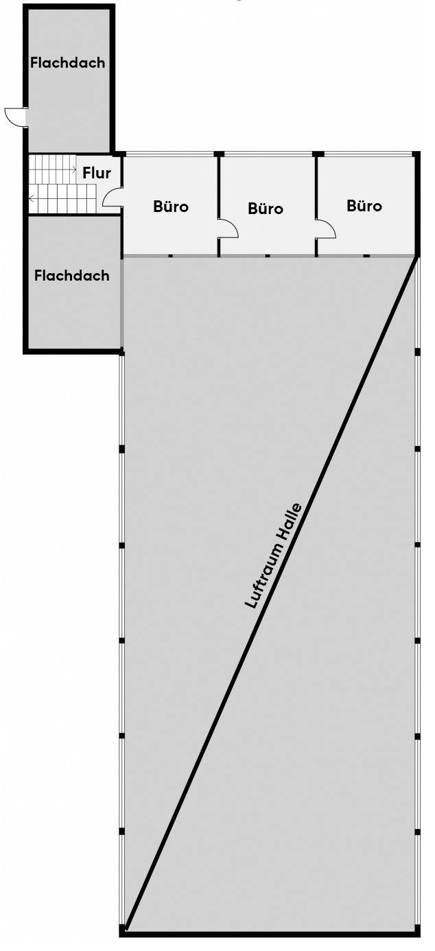 Grundriss des Obergeschosses mit Büros und Luftraum über der Halle.