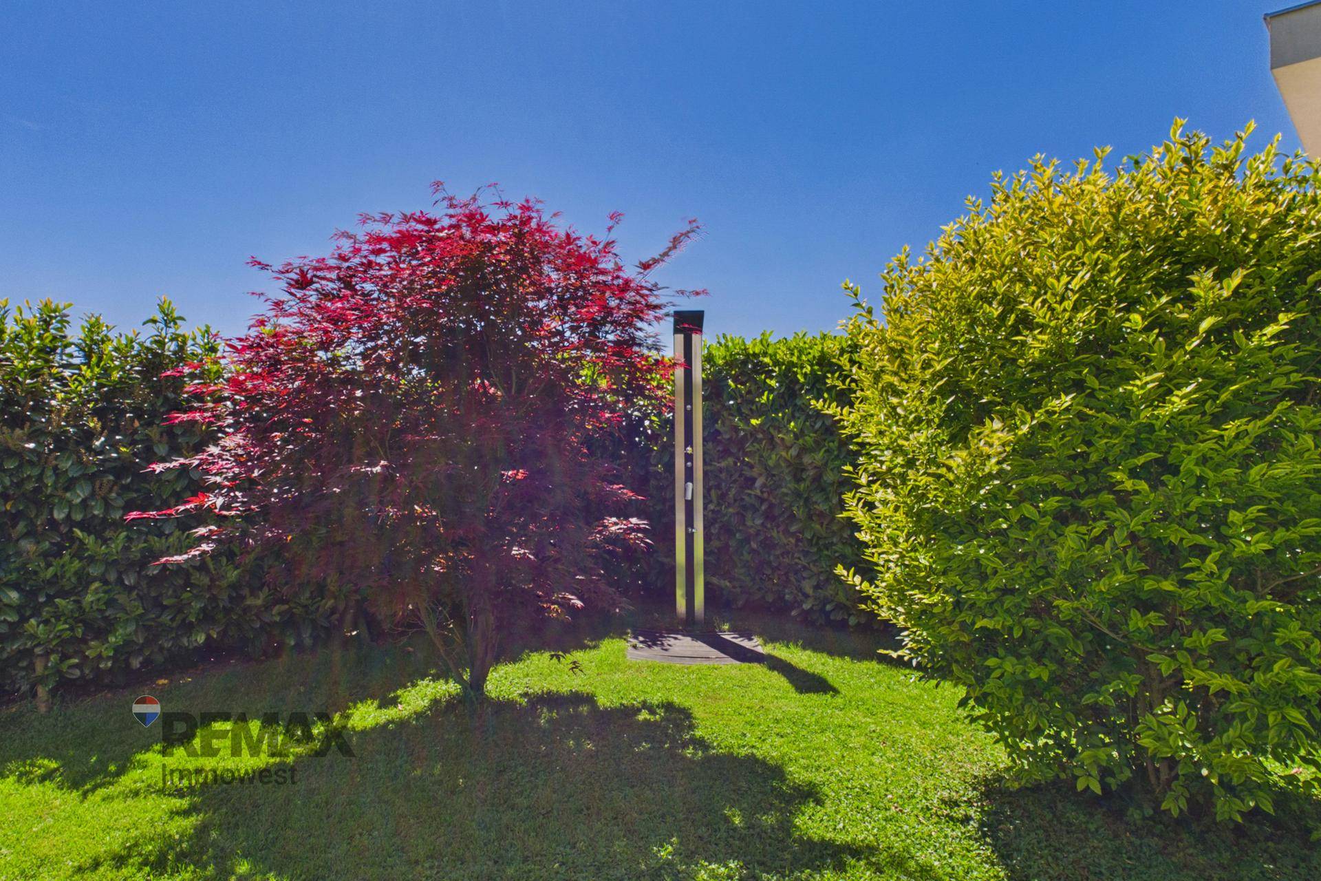 Grüner Gartenbereich mit Zierbäumen und Hecken, ideal für Entspannung im Freien.
