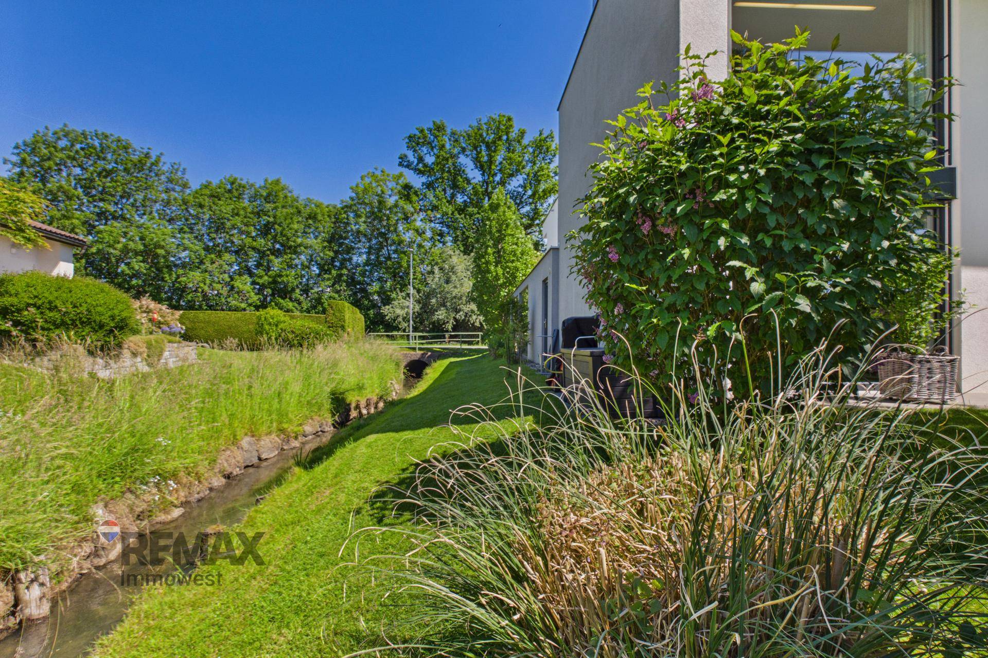 Naturnaher Gartenbereich mit Bachlauf und üppiger Vegetation, angrenzend an die Immobilie.