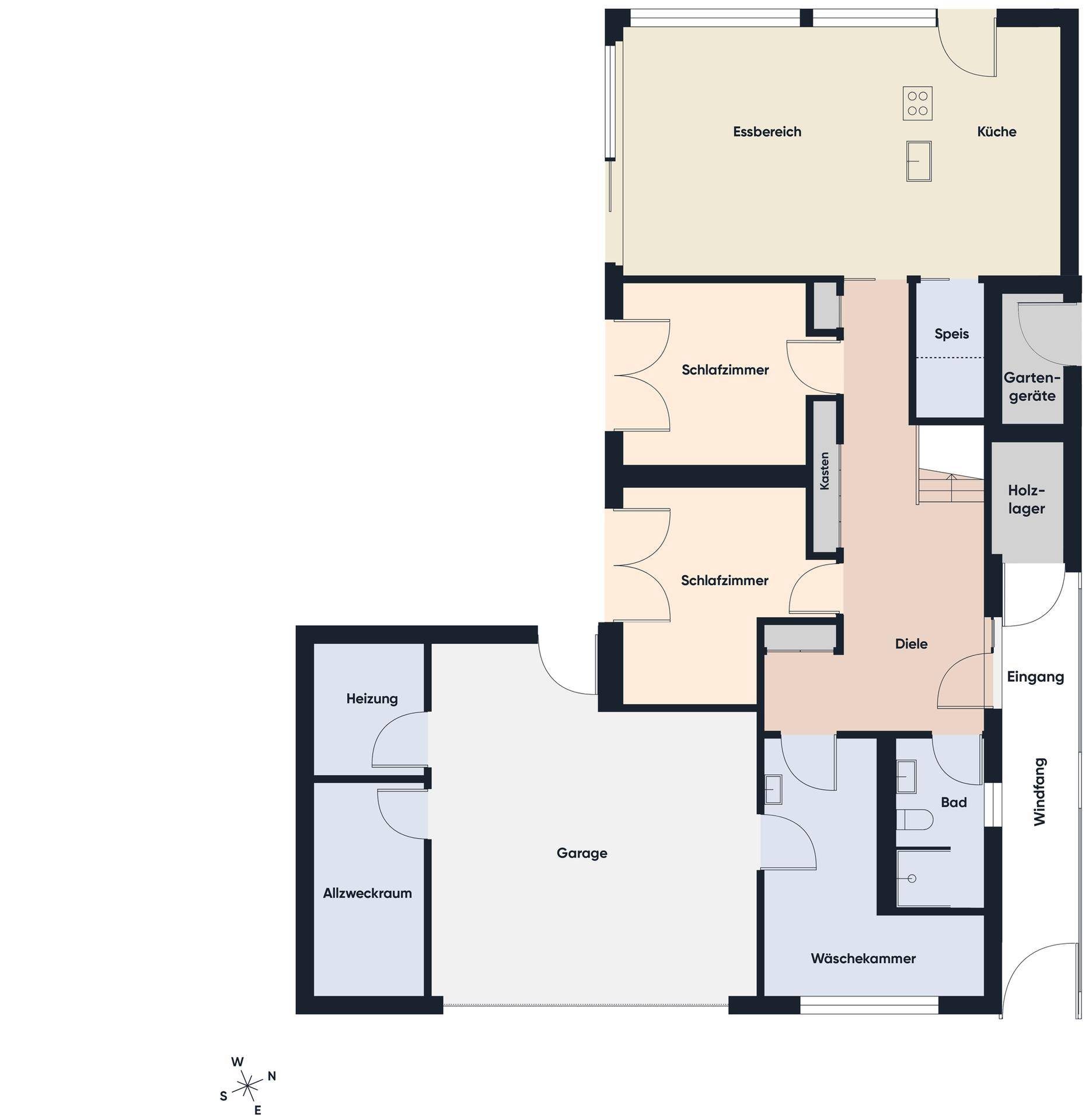 Grundriss des Erdgeschosses mit Küche, Essbereich, Schlafzimmern und Garage.