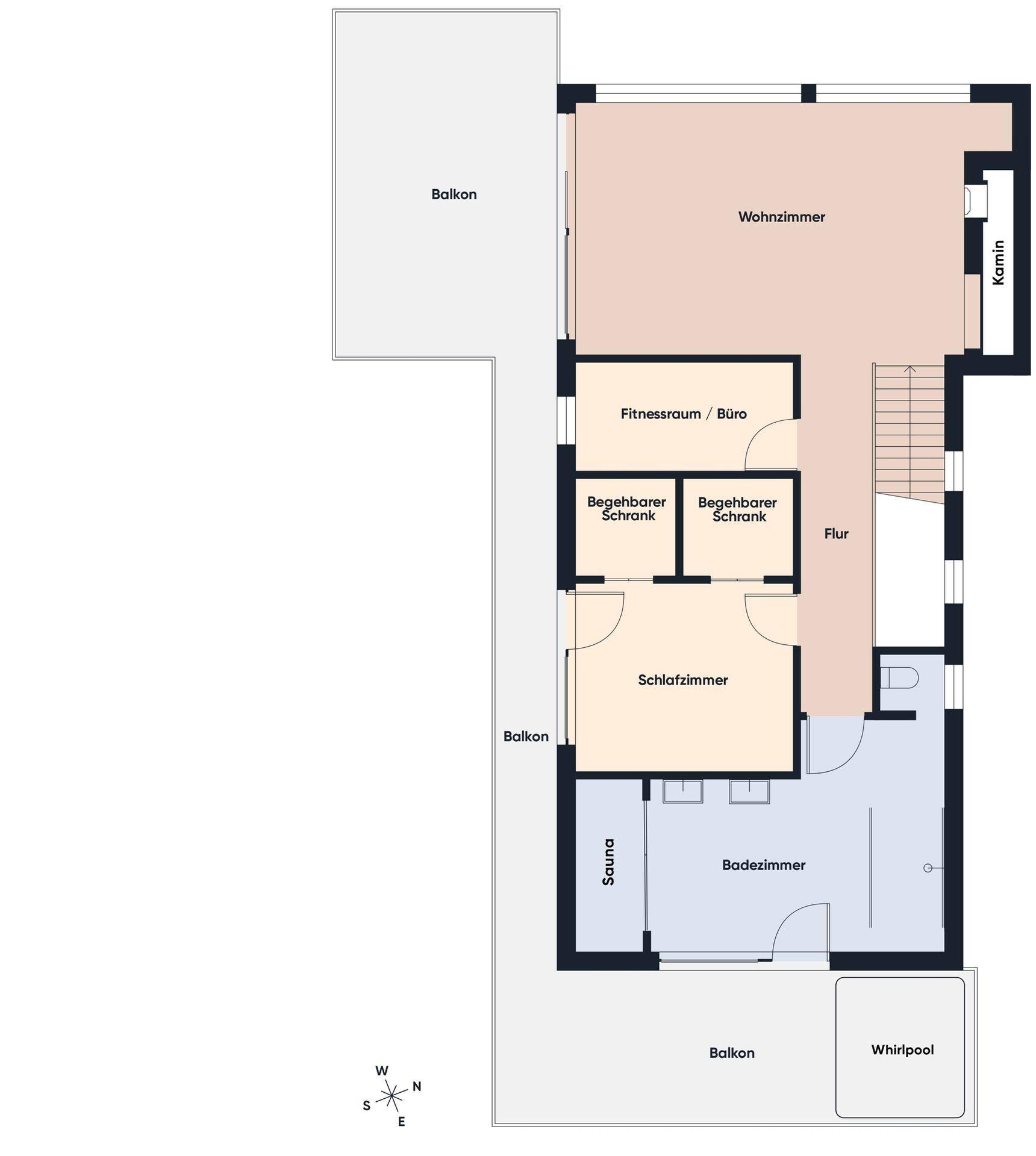 Grundriss des Obergeschosses mit Wohnzimmer, Schlafzimmer, Bad, Sauna und Balkonen.