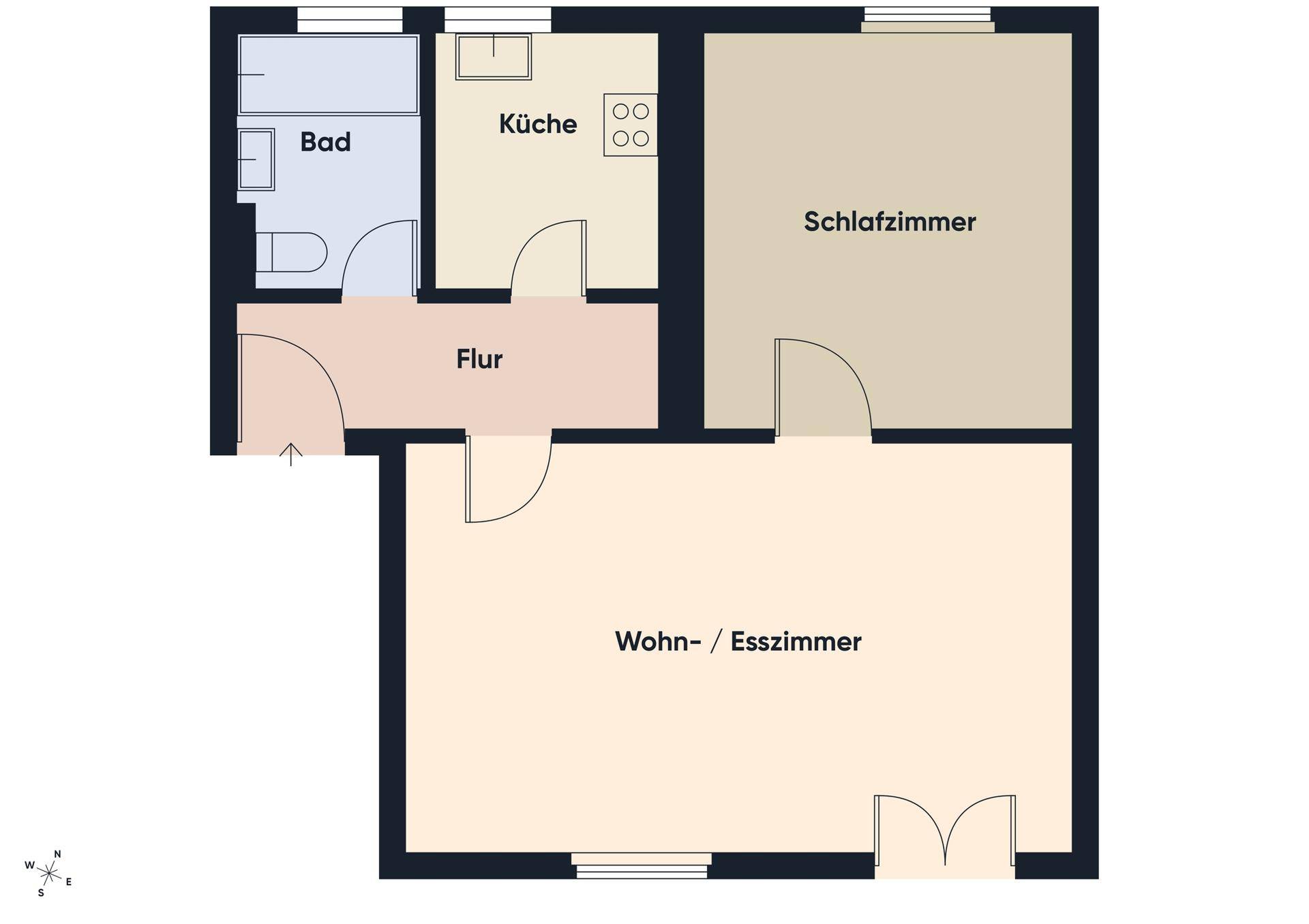 Übersichtlicher Grundriss einer Wohnung mit Wohn-/Esszimmer, Schlafzimmer, Küche und Bad.
