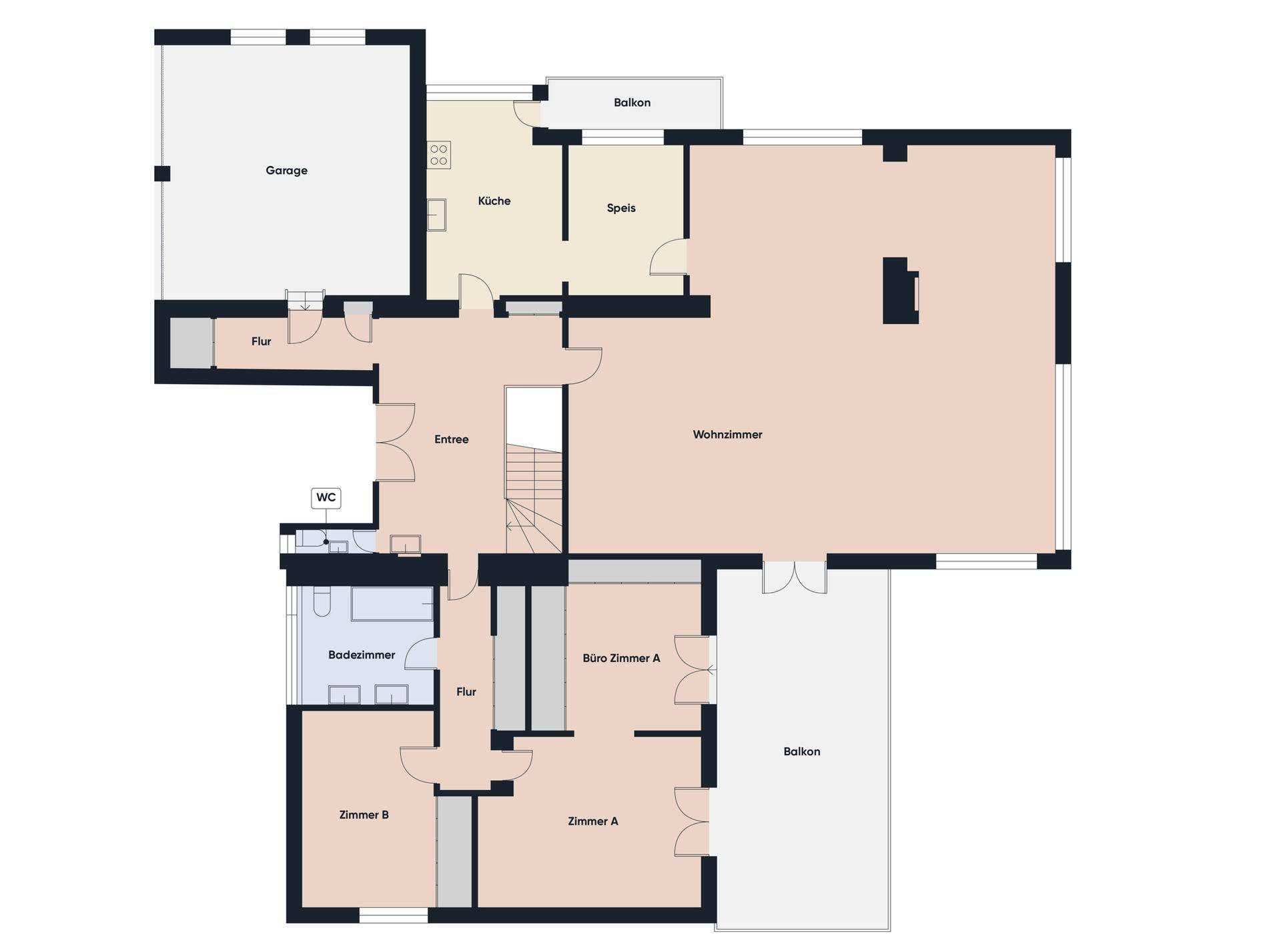 Grundriss des Erdgeschosses mit Wohnzimmer, Küche, Büro, Bad, WC und Balkon.