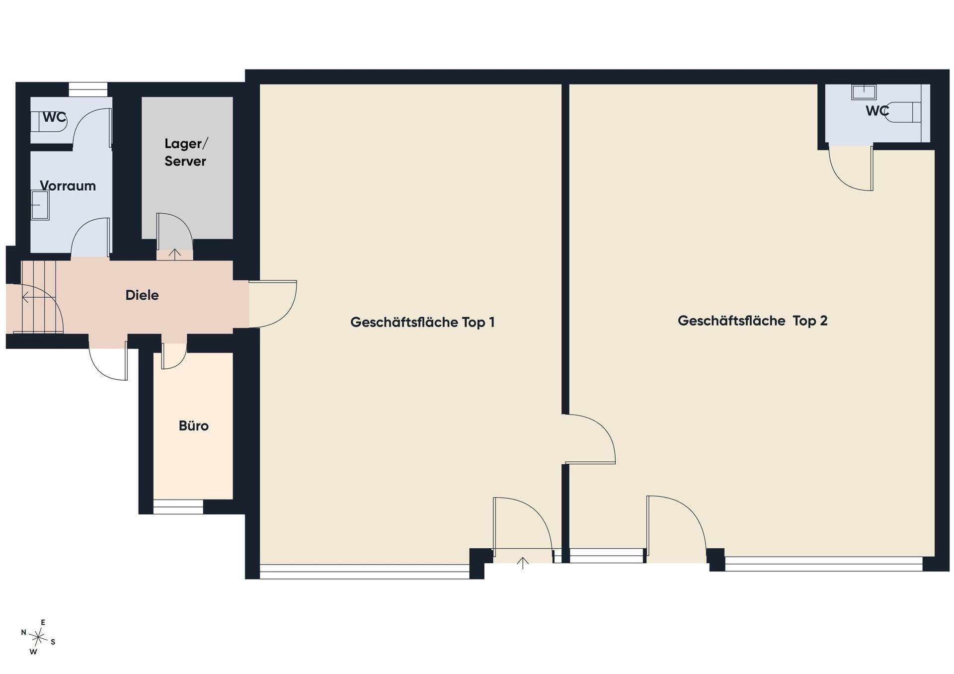 Grundriss des Erdgeschosses mit zwei Geschäftsflächen, Büro, Lager und Sanitärbereichen.