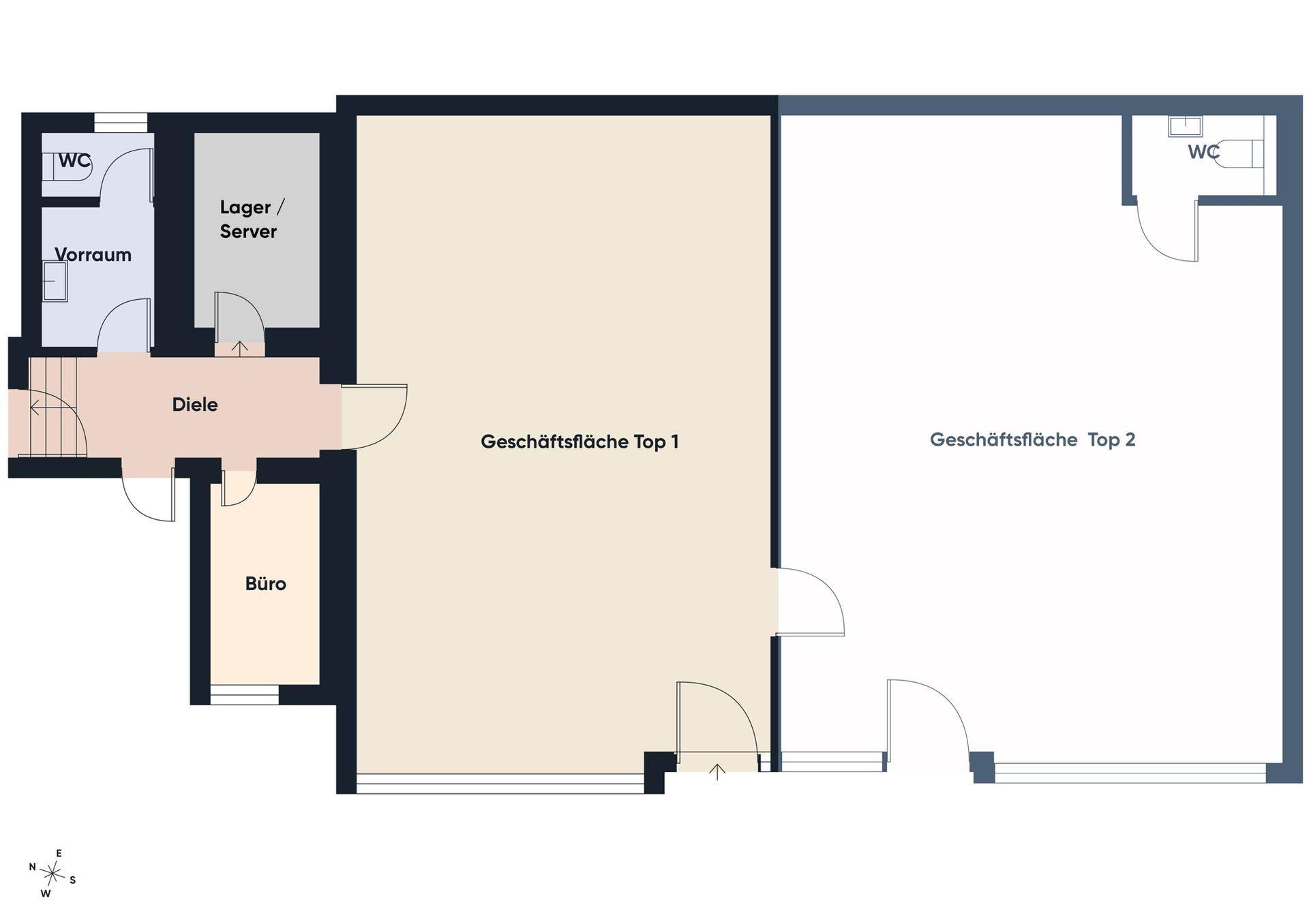 Grundriss des Erdgeschosses mit zwei Geschäftsflächen, Büro, Lager und Sanitärbereichen.
