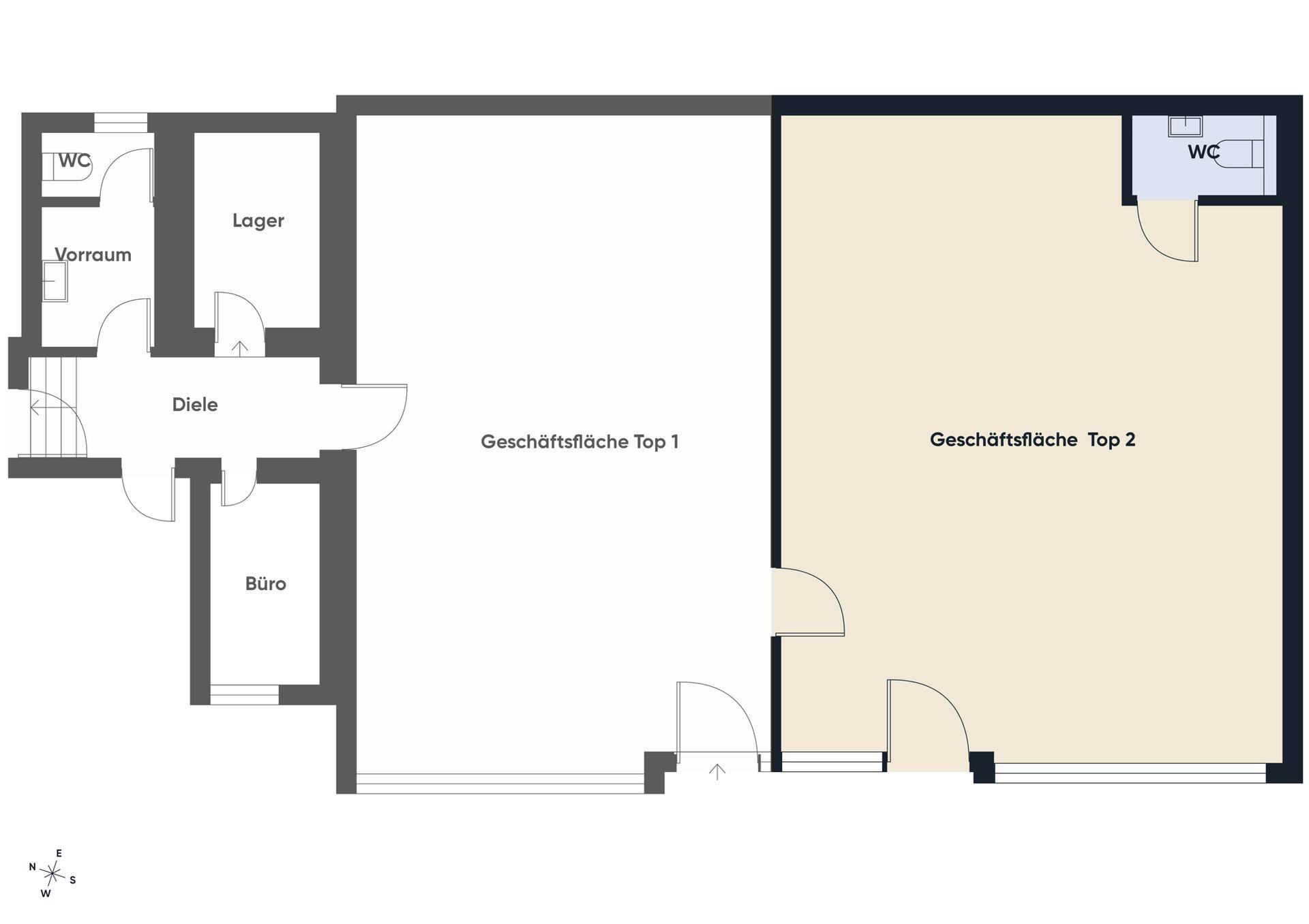 Grundrissplan zeigt zwei Geschäftsflächen, Lager, Büro und Toilettenbereiche.