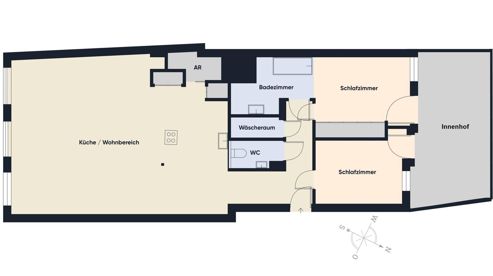 Grundriss einer Wohnung mit Küche/Wohnbereich, zwei Schlafzimmern, Bad, WC und Waschraum.