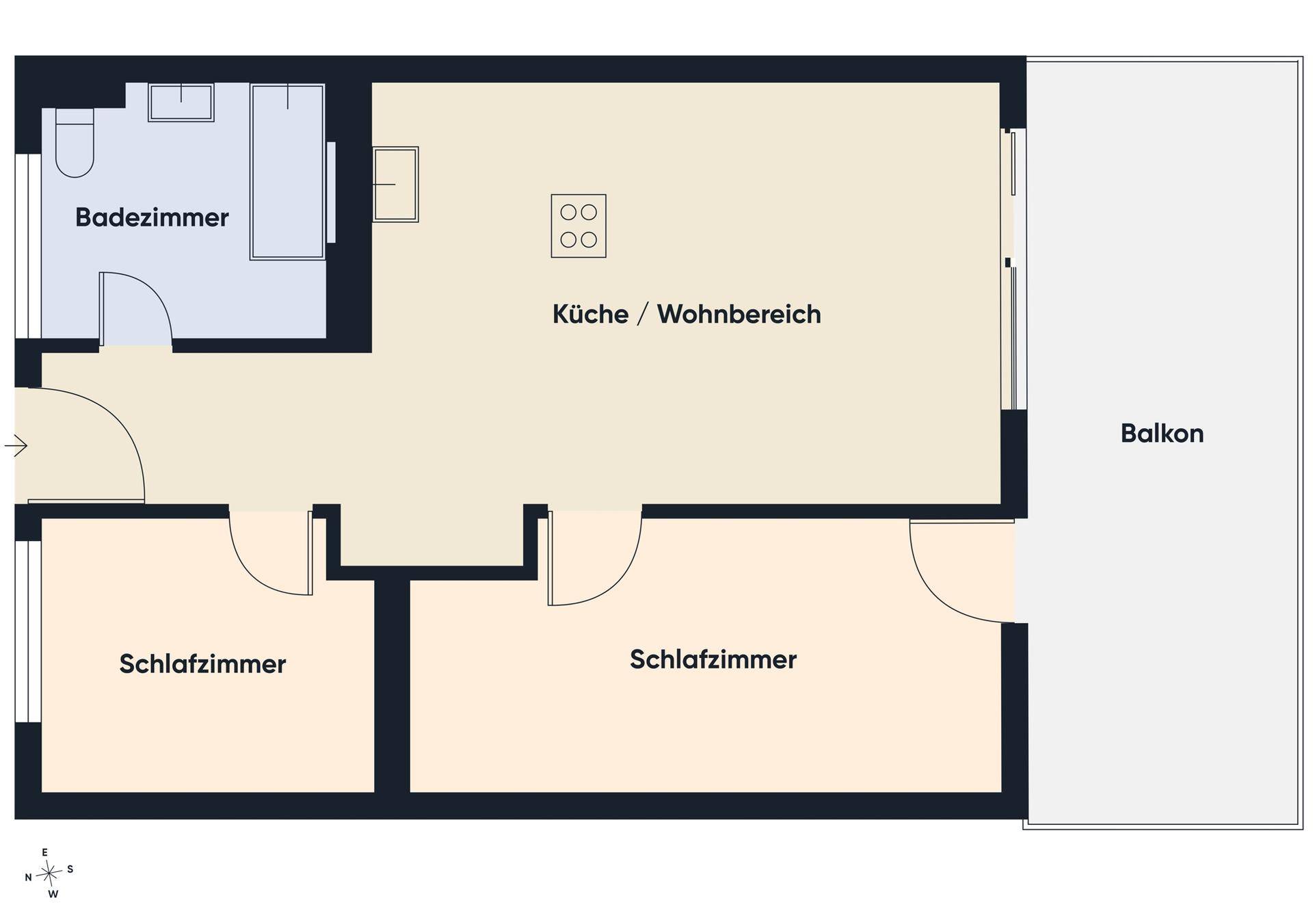 Grundriss einer Wohnung mit Bad, offener Küche/Wohnbereich, zwei Schlafzimmern und Balkon.