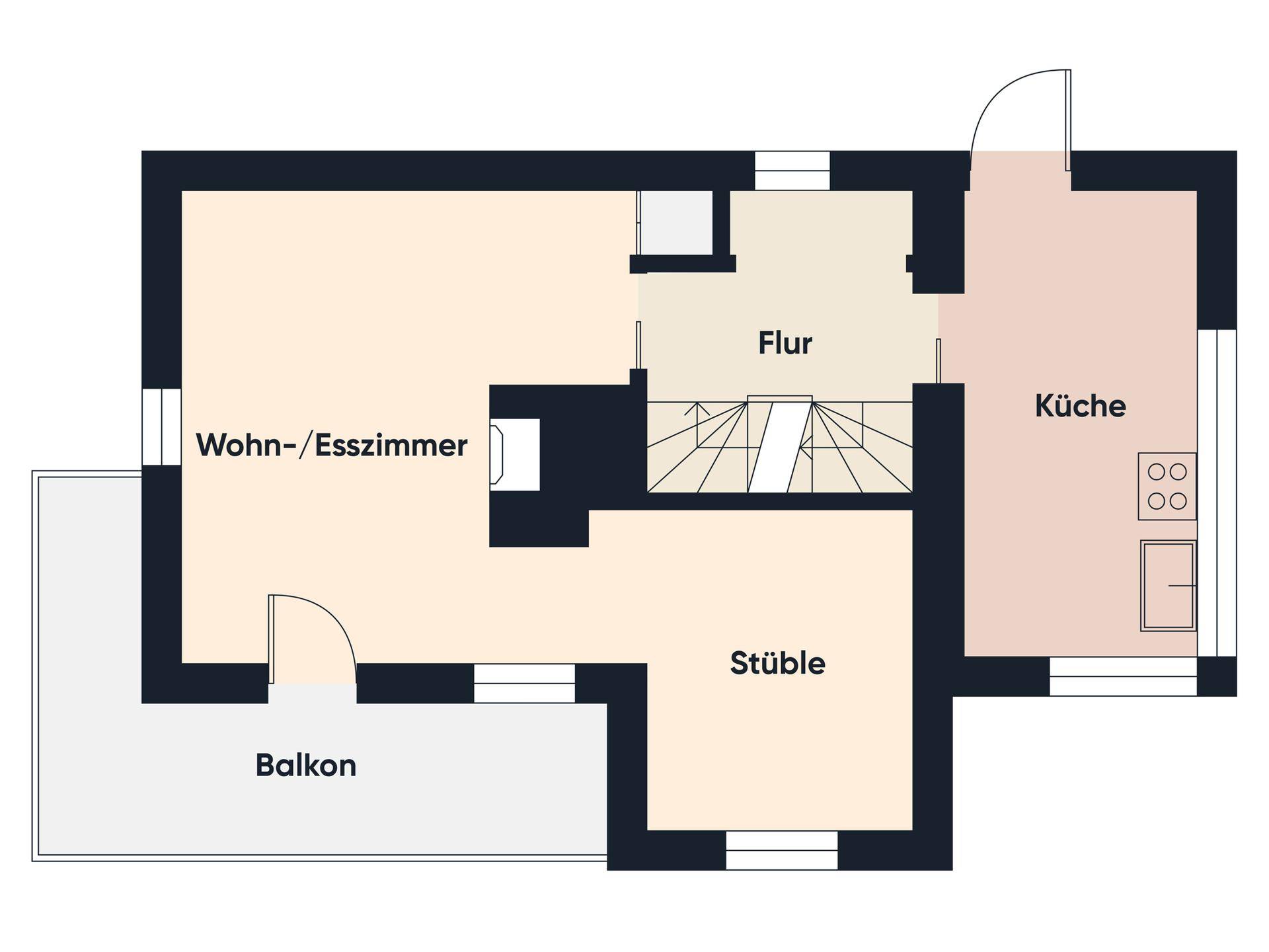 Grundriss des Erdgeschosses mit Wohn-/Esszimmer, Küche, Stüble, Flur und Balkon.