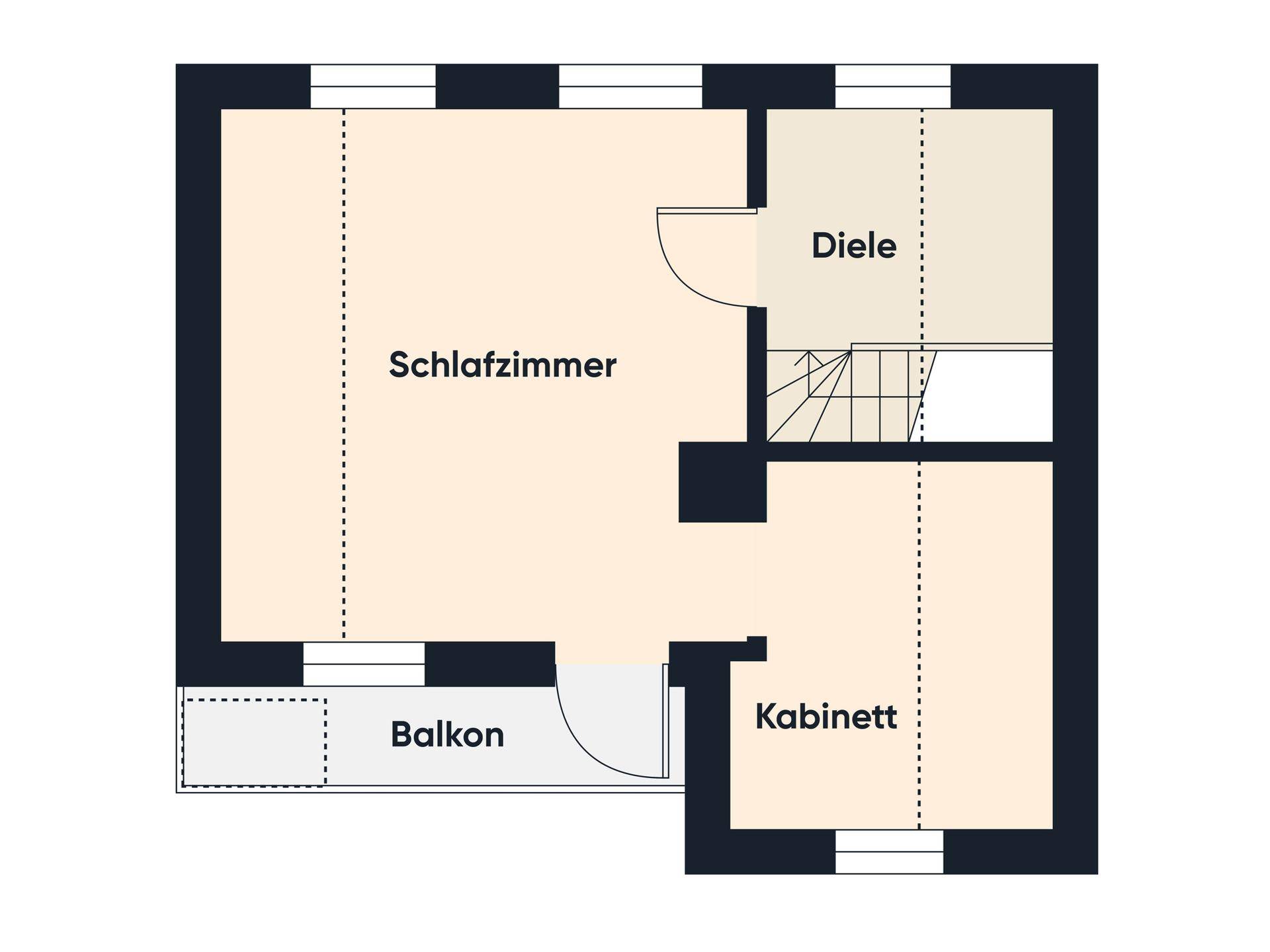 Grundriss des Obergeschosses mit Schlafzimmer, Kabinett, Diele und Balkonzugang.