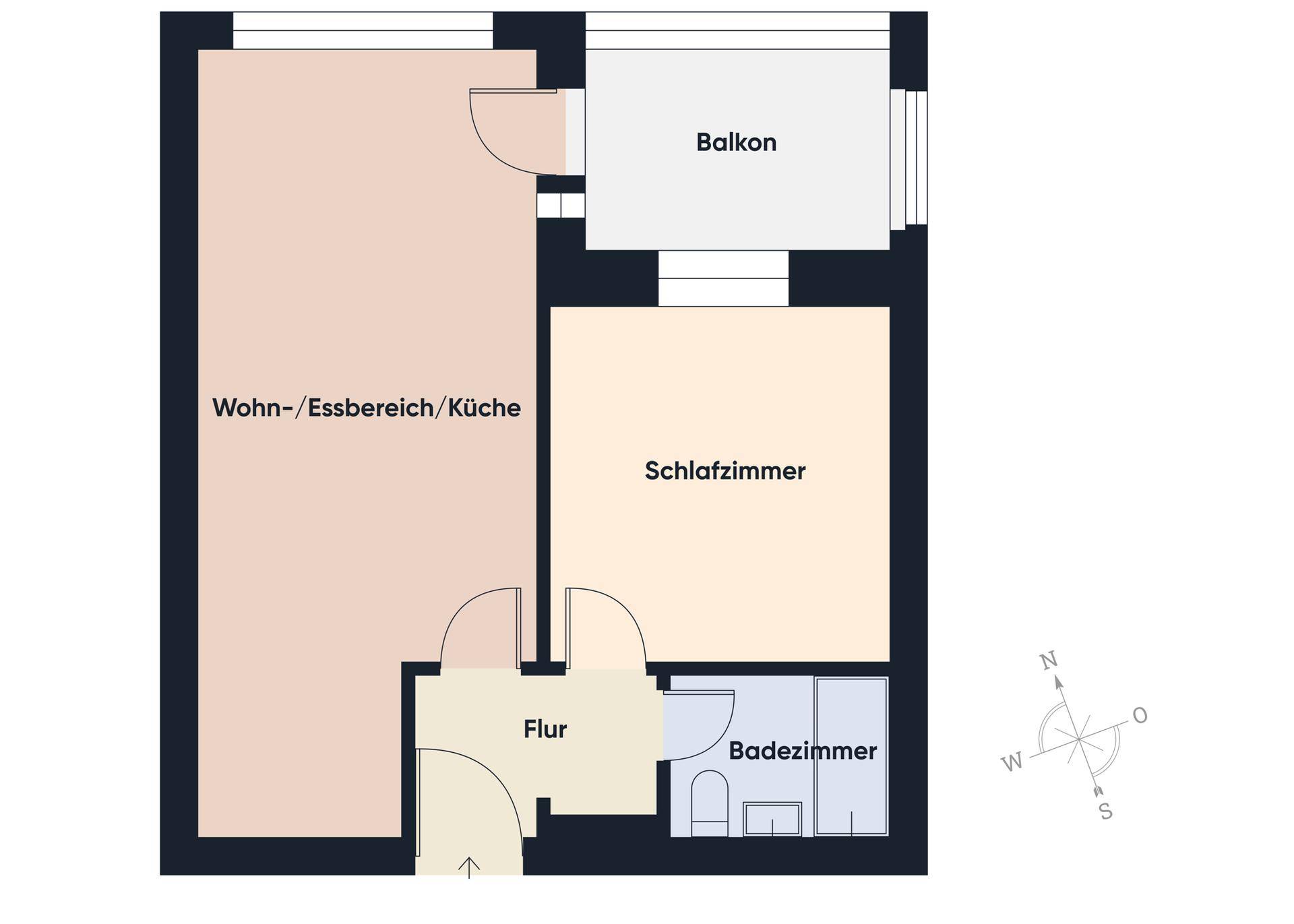 Grundrissplan einer Wohnung mit Wohn-/Essbereich, Küche, Schlafzimmer, Bad und Balkon.