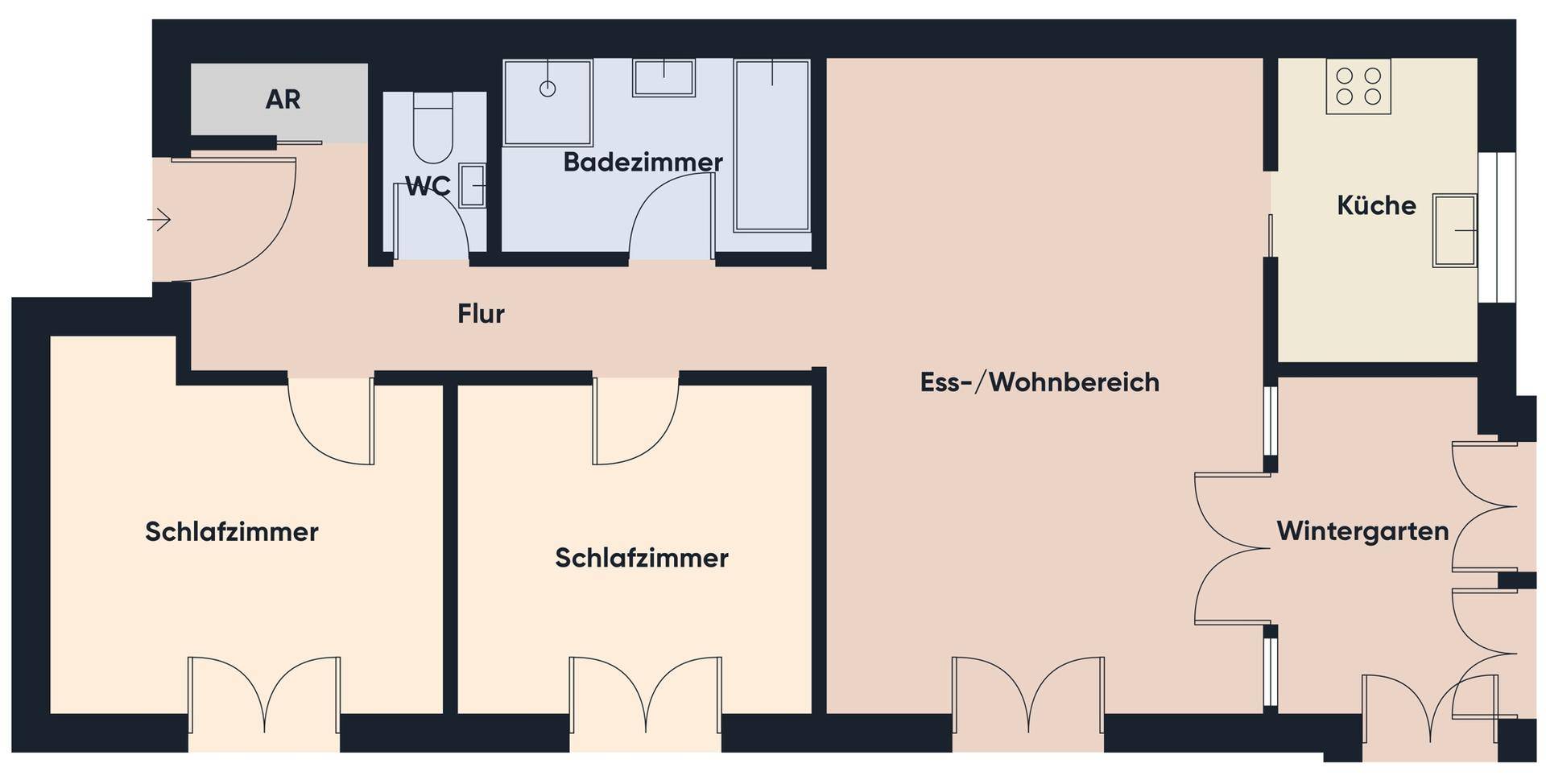 Grundriss einer Wohnung mit zwei Schlafzimmern, einem Badezimmer, separatem WC und Wintergarten.