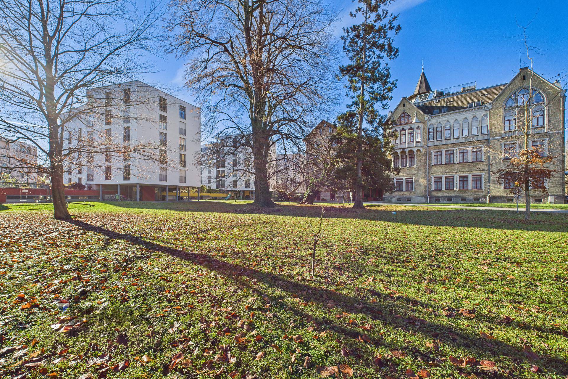 Weitläufige Grünfläche mit modernen und historischen Gebäuden im Hintergrund unter blauem Himmel.