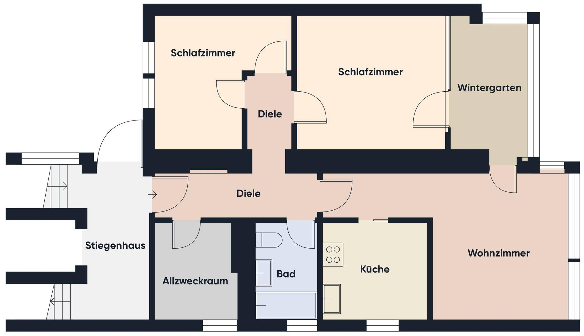 Grundriss der Wohnung mit zwei Schlafzimmern, Wohnzimmer, Küche und Wintergarten.
