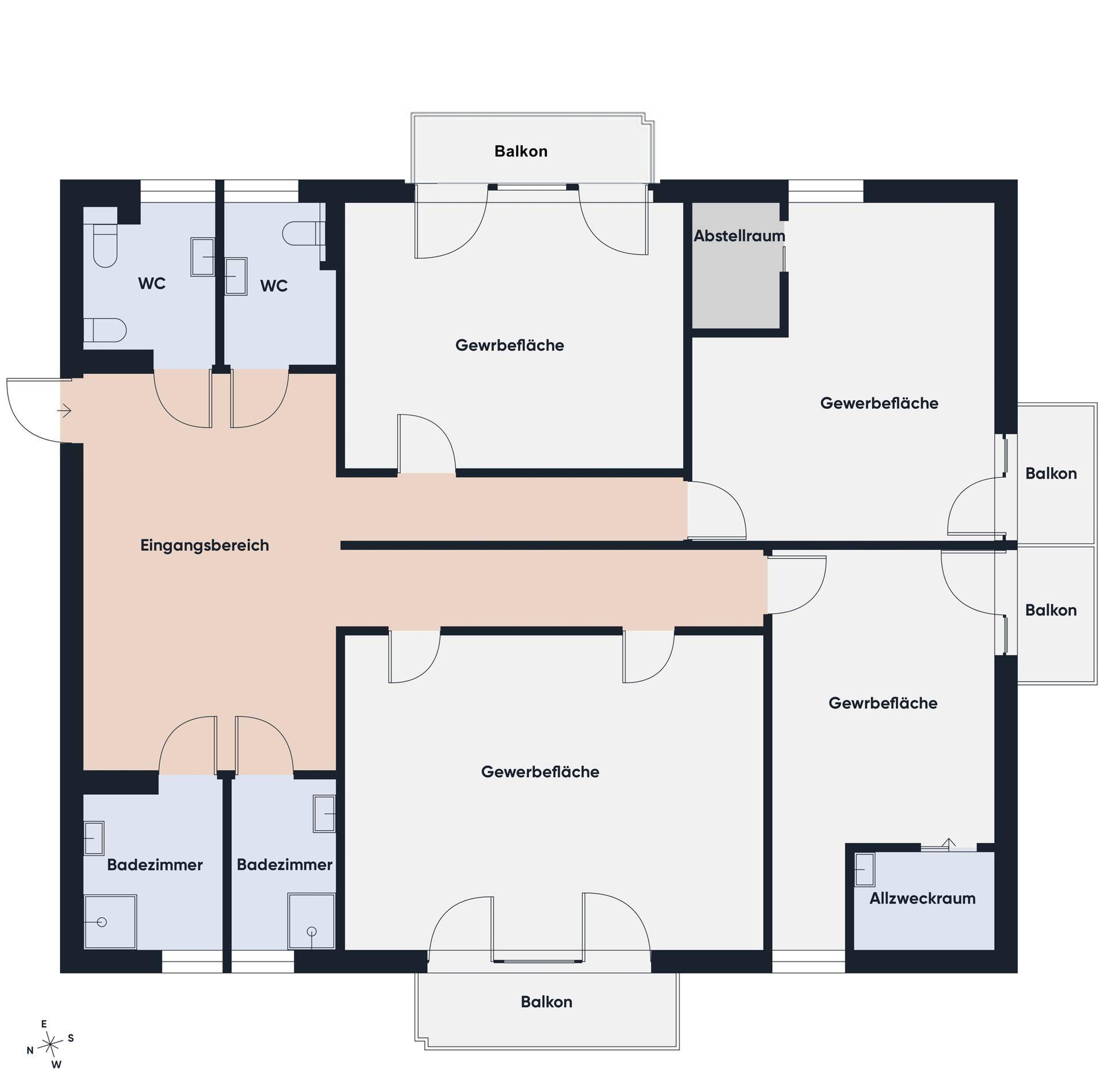 Grundrissplan mit mehreren Gewerbeflächen, Badezimmern, WCs und Balkonen.