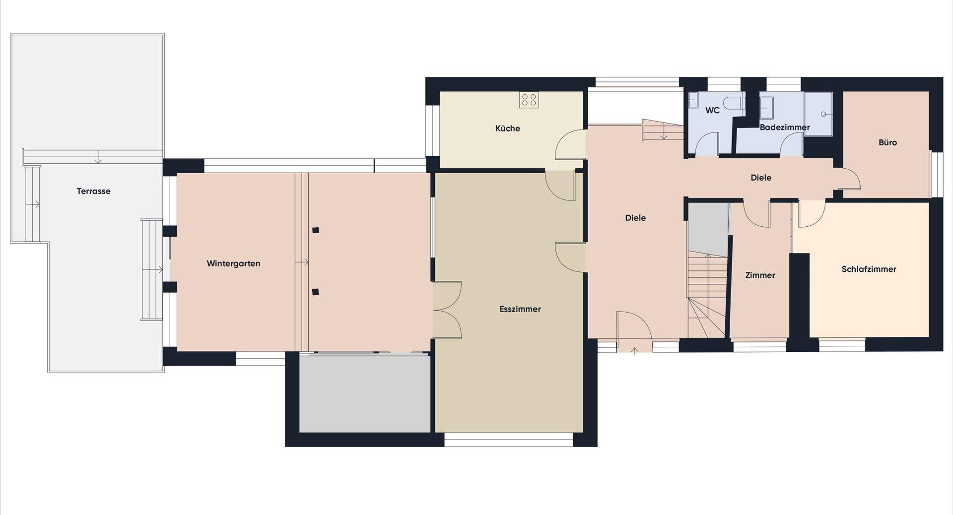 Grundriss des Erdgeschosses mit Küche, Esszimmer, Wintergarten, Büro und Schlafzimmern.