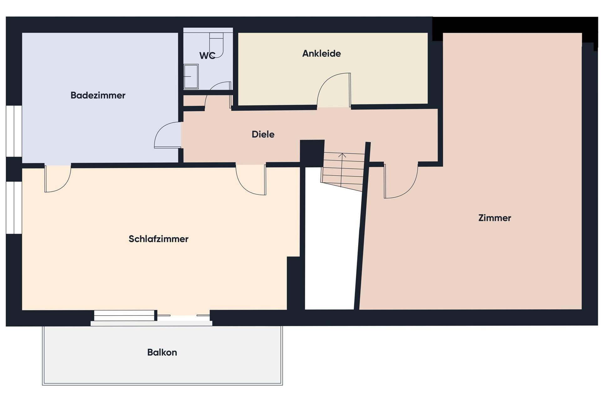 Grundriss des Obergeschosses mit Schlafzimmern, Badezimmer, WC und Balkon.