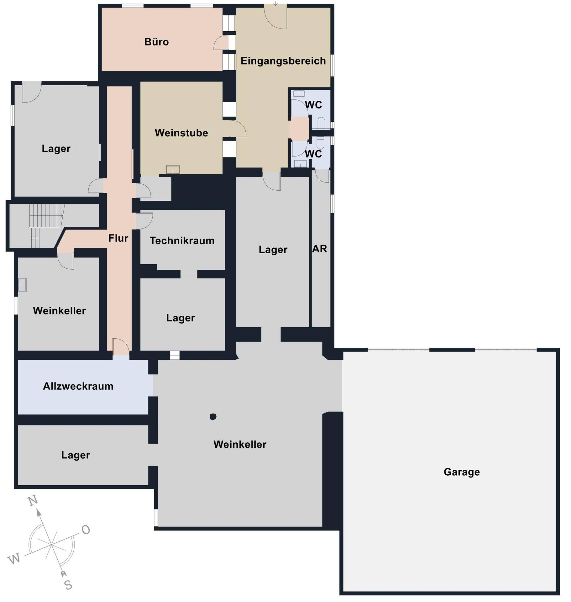 Grundriss des Erdgeschosses mit Büro, Weinstube, Weinkeller und Garage.