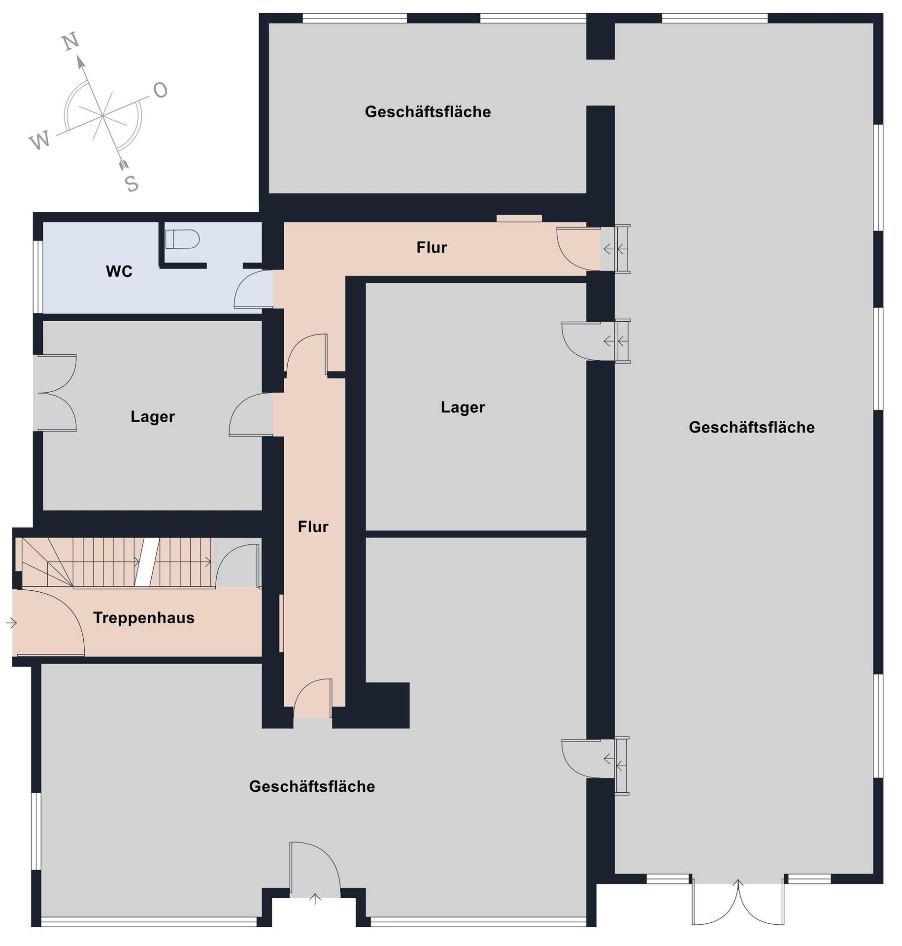 Grundriss des ersten Obergeschosses mit Geschäftsflächen, Lager und Treppenhaus.